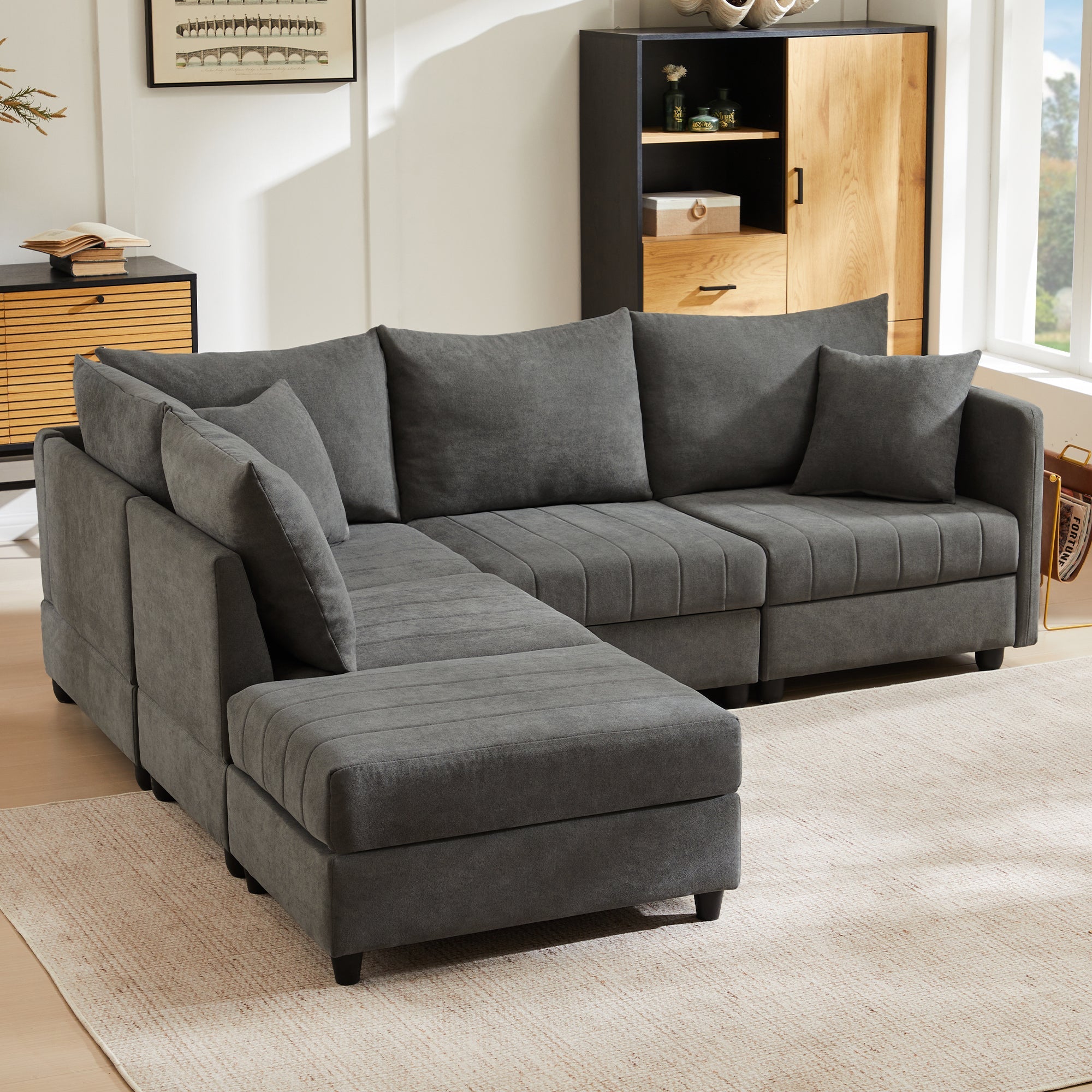 Modern Modular Corner Sofa, 5-Seater with Convertible Footstool, Cotton and Linen Grey