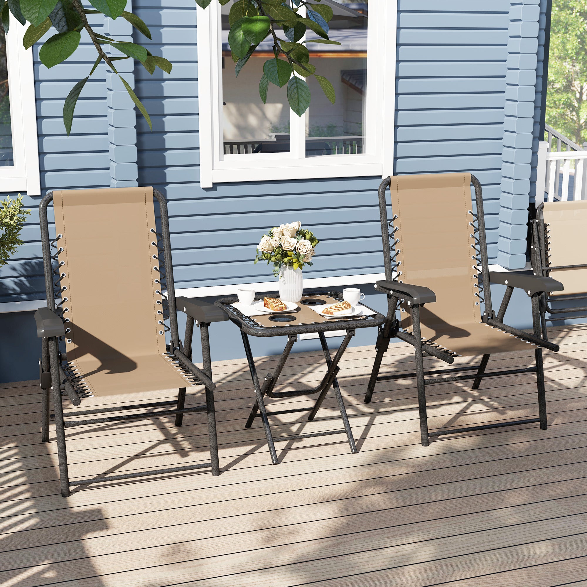 Three-Piece Garden Table and Chair Set Folding Bistro Set Khaki