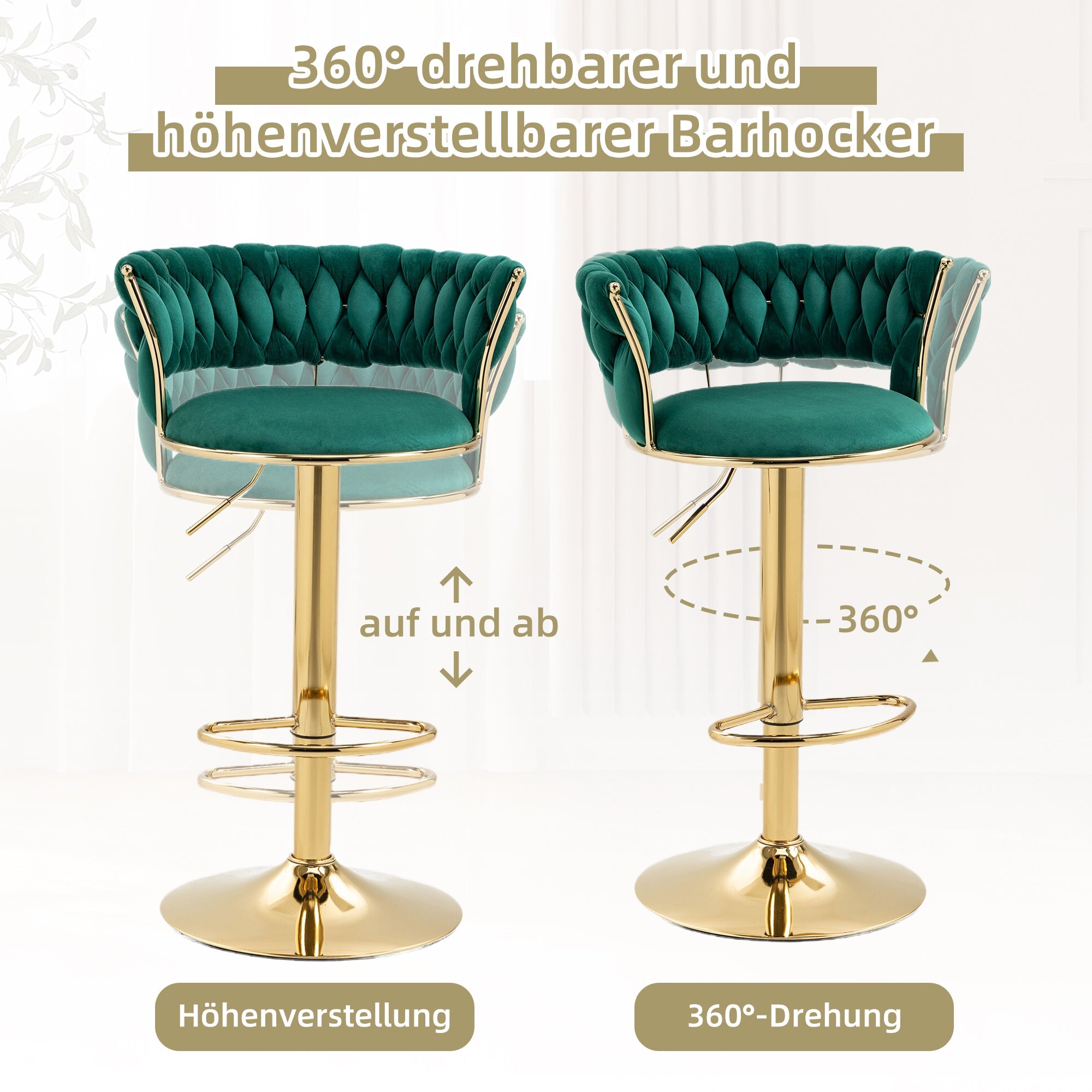 Velvet Bar Stool Set, 360° Swivel, Adjustable Height, Handcrafted Backrest, Upholstered