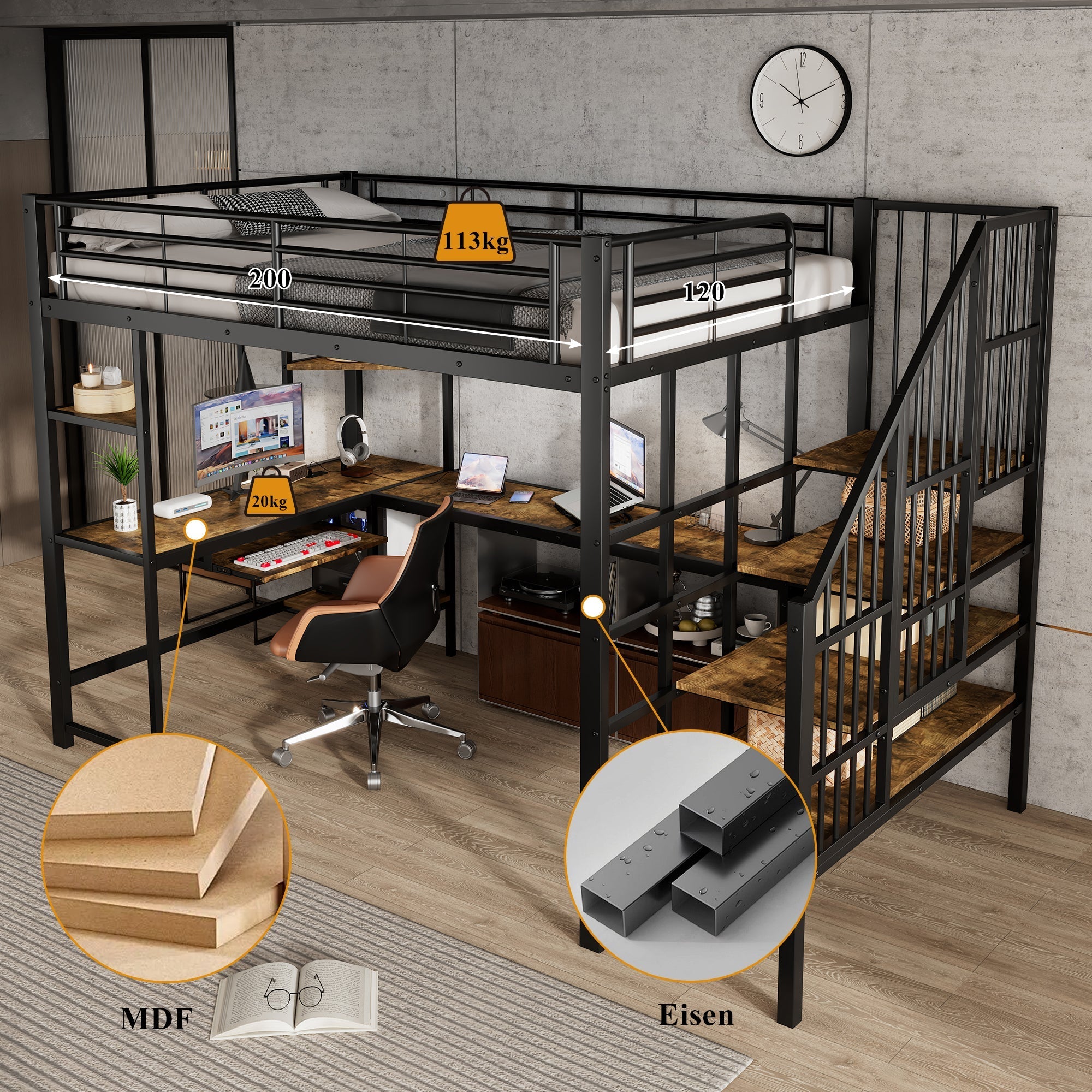 Iron Loft Bed, Charging Port Corner Stairs Desk Storage 120x200cm, Black Iron + MDF