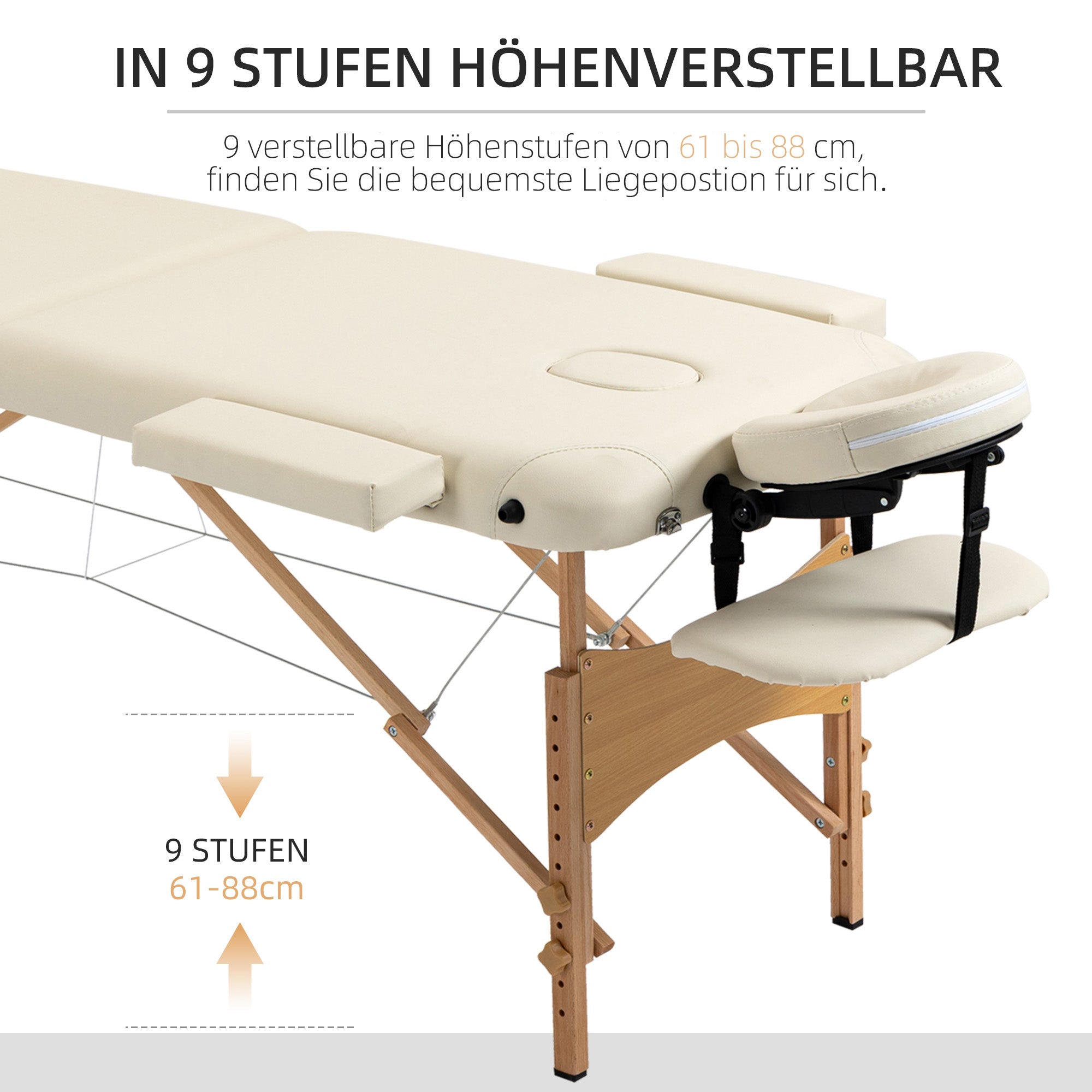 Massage Table, Foldable Height-Adjustable with Headrest, Artificial Leather Wood Cream