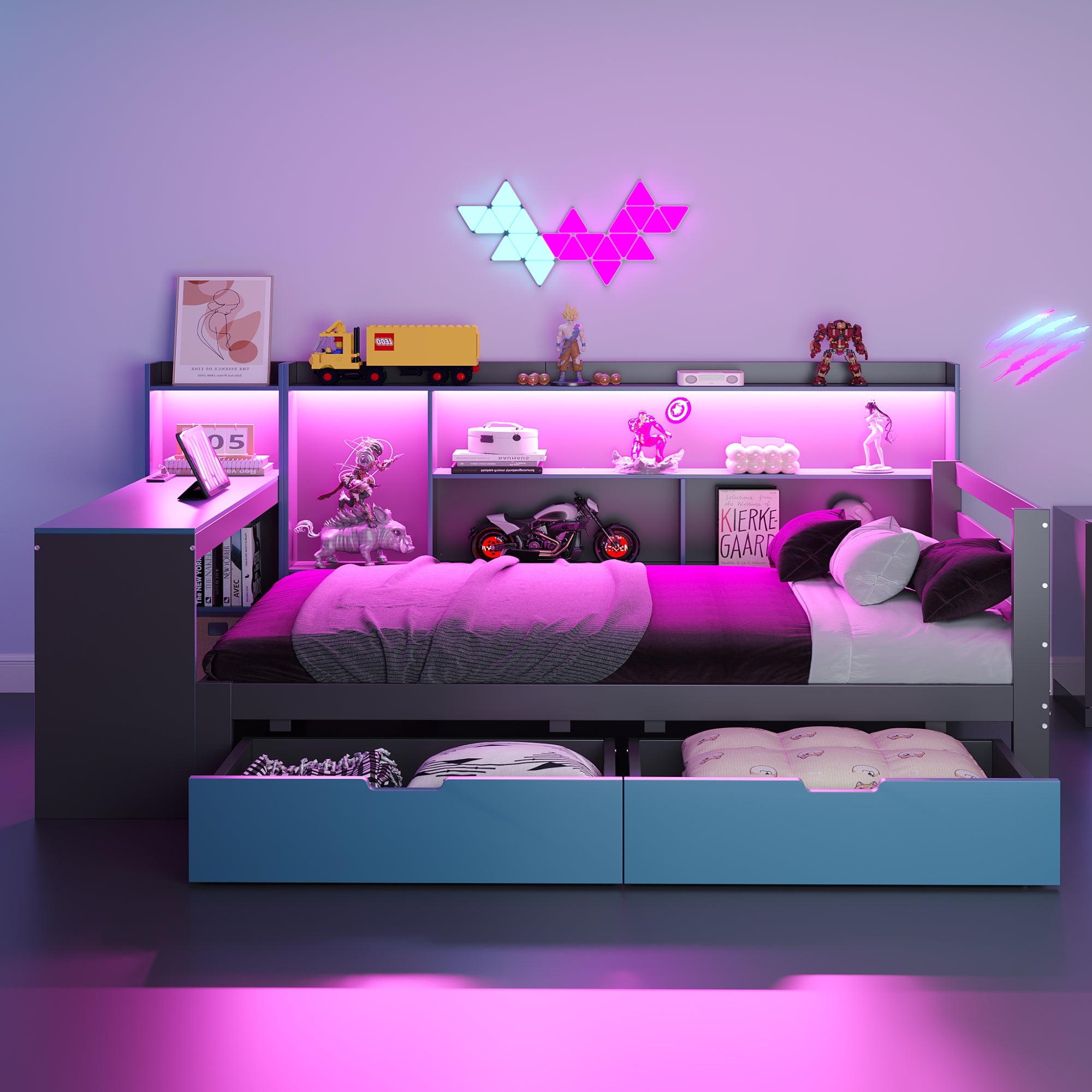 Multifunctional Wooden Sofa Bed with Desk, Bookshelf, Storage and Sockets, 90x200cm, Black and Blue