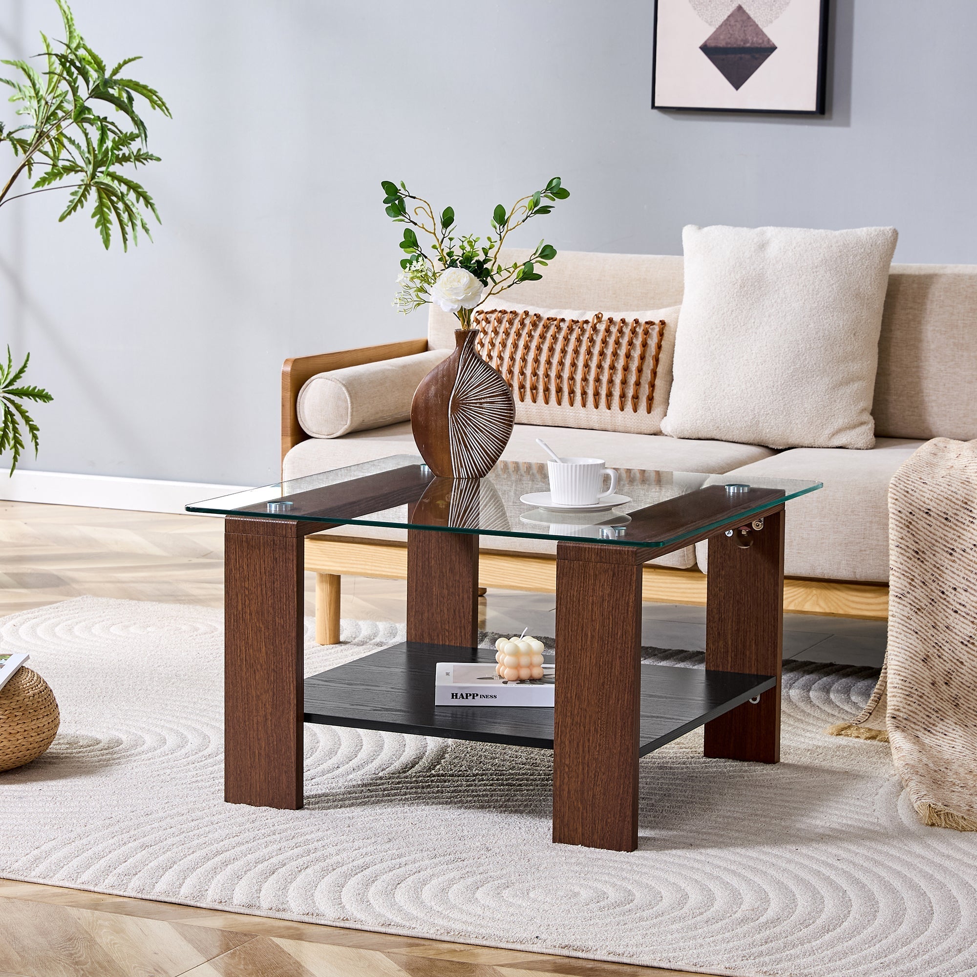 Modern Coffee Table with Storage and Tempered Glass Top, 65x41x45.5cm, Walnut Wood