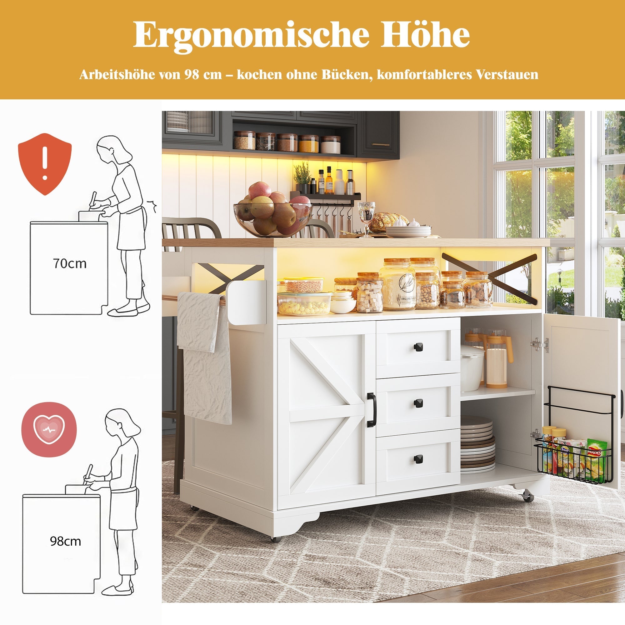 Kitchen Serving Trolley Folding Table LED Storage Cabinet - Mobile Island