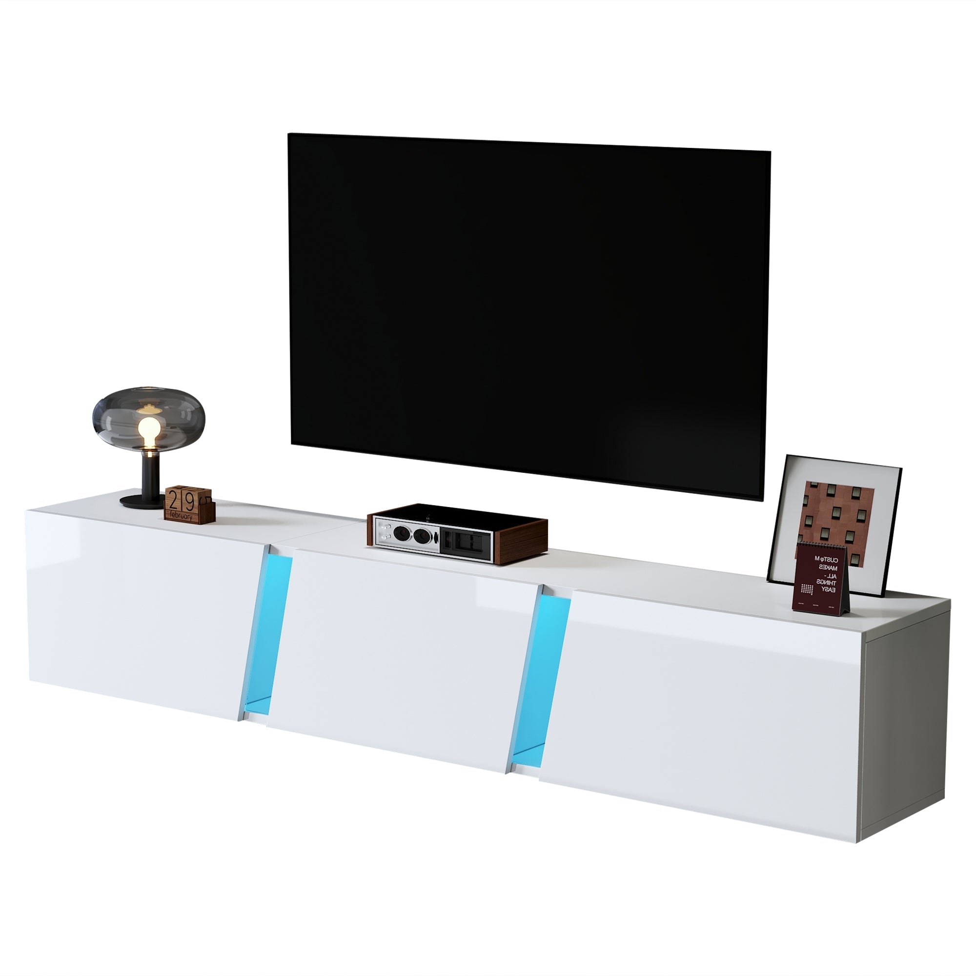 TV Cabinet 180cm Wall-Mounted Lowboard with LED Lights, 3 Doors, White