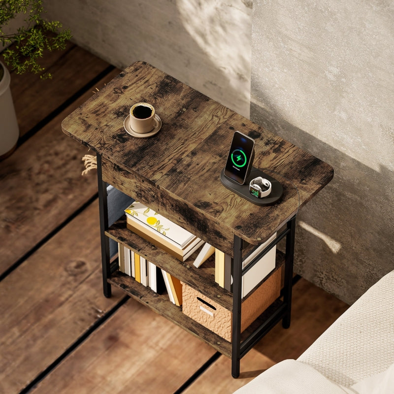 Side Table with Power Strip, 2 Levels, USB Ports, Rustic Brown