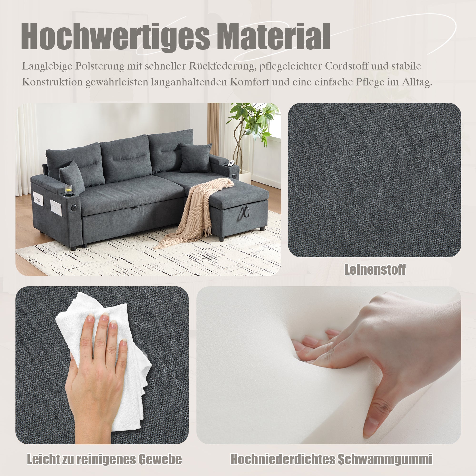 3-Seater Sofa Bed with Storage, Cup Holders and USB-C, Linen Fabric