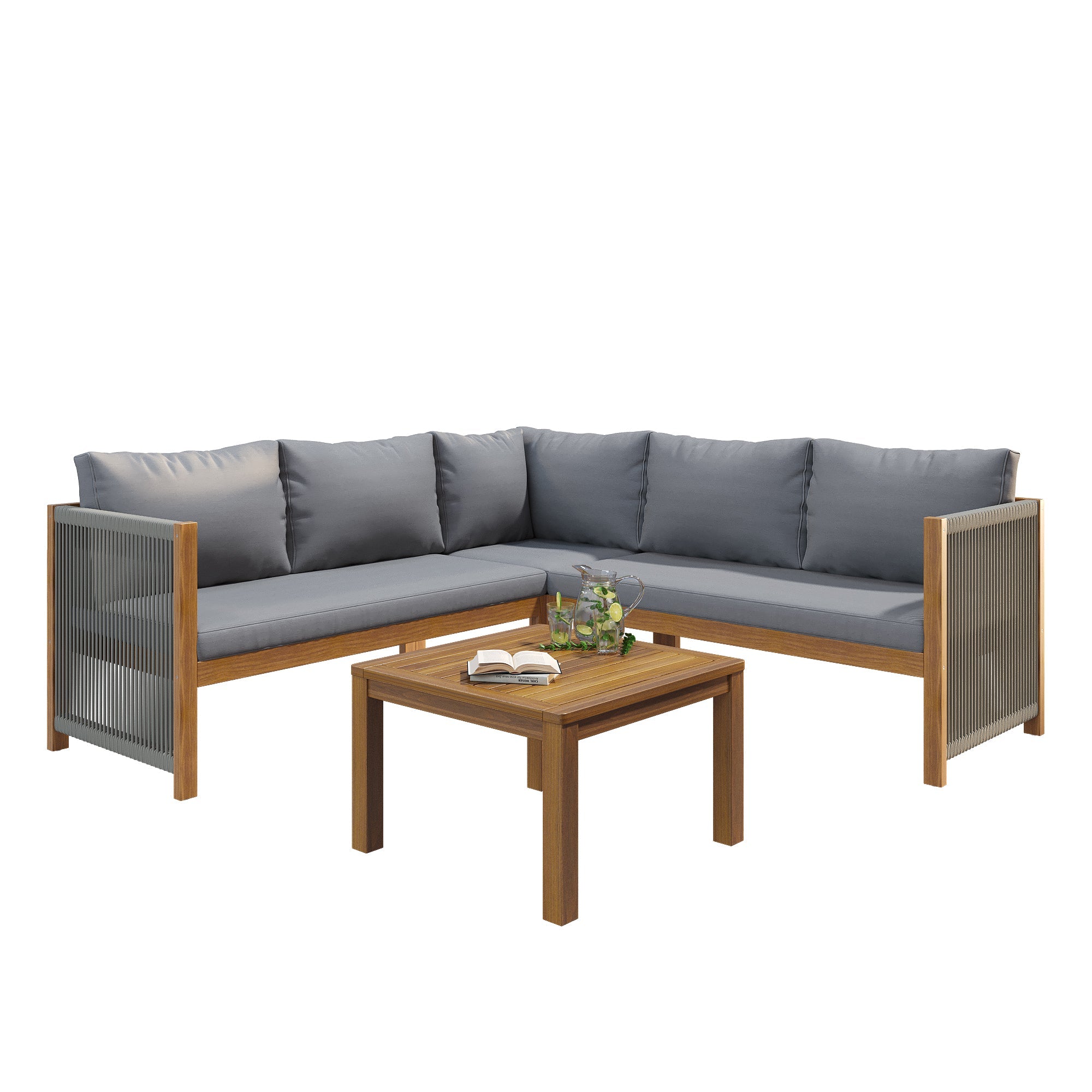 Garden Furniture Set with Corner Sofa and Acacia Wood Coffee Table, Grey