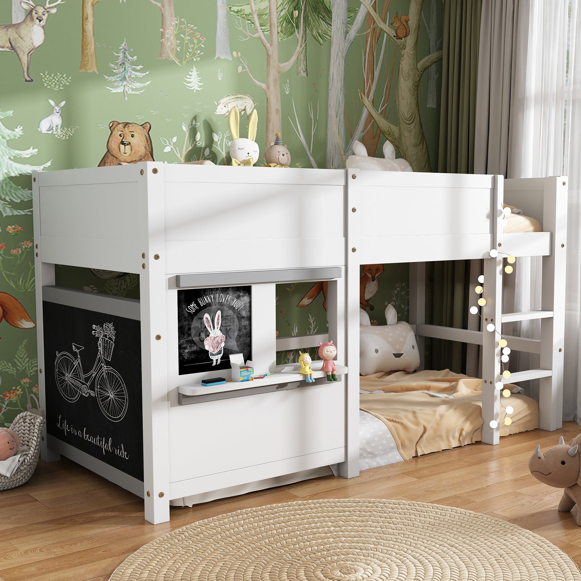 Household Bunk Bed with Two Boards & Small Shelf, 90x190cm, White