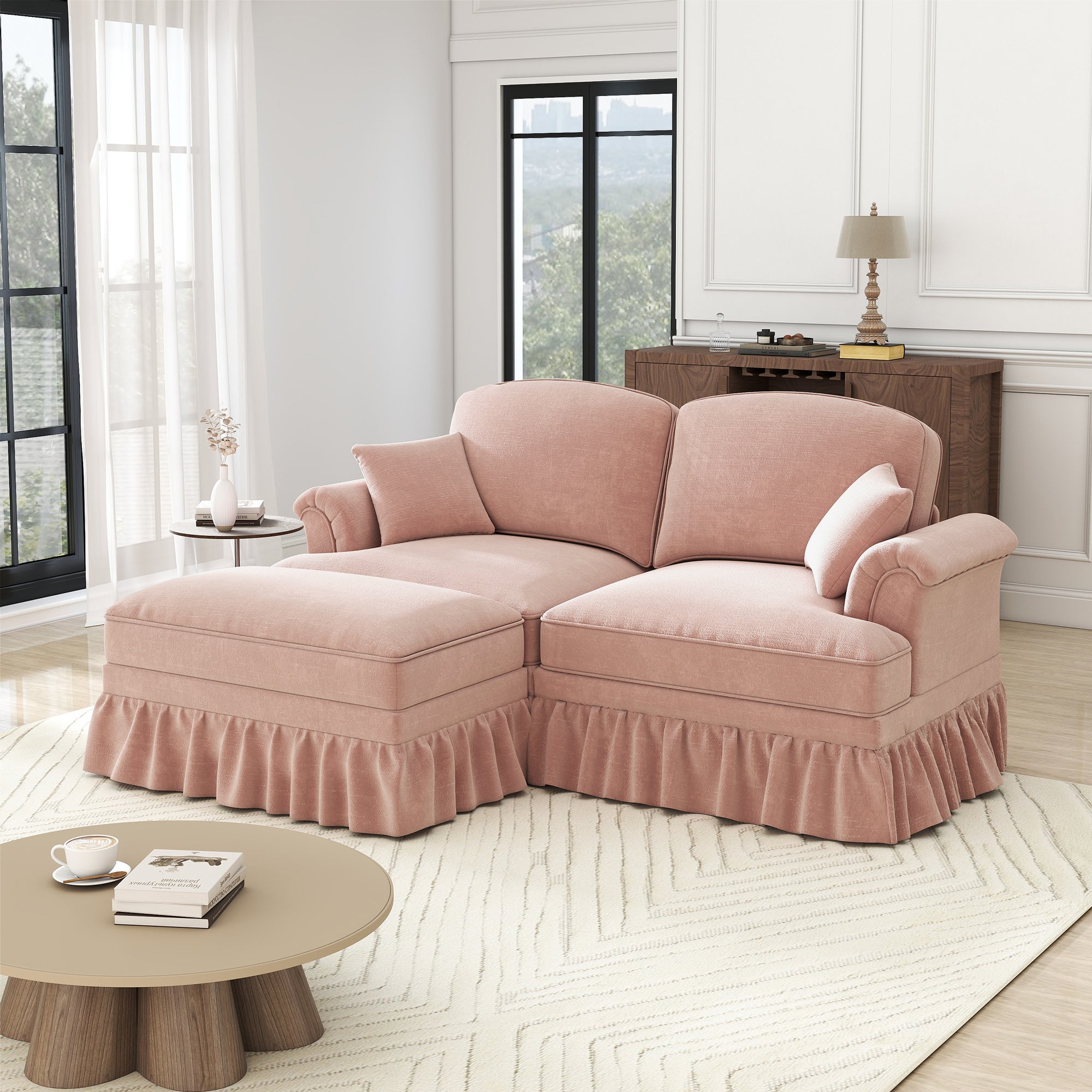 Modular L-Shaped Sofa Mid-Century 2-Seater Movable Ottoman - Pink Chenille