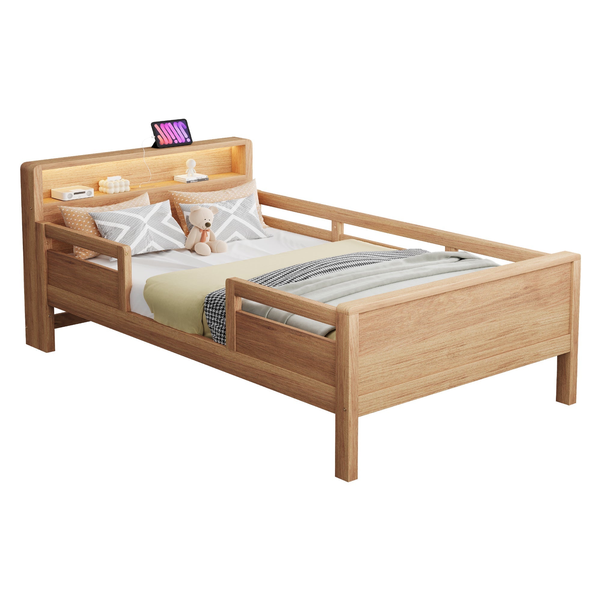 Wooden Bed, 90x200cm USB/Type-C, LED Light, Storage Headboard, Pinewood