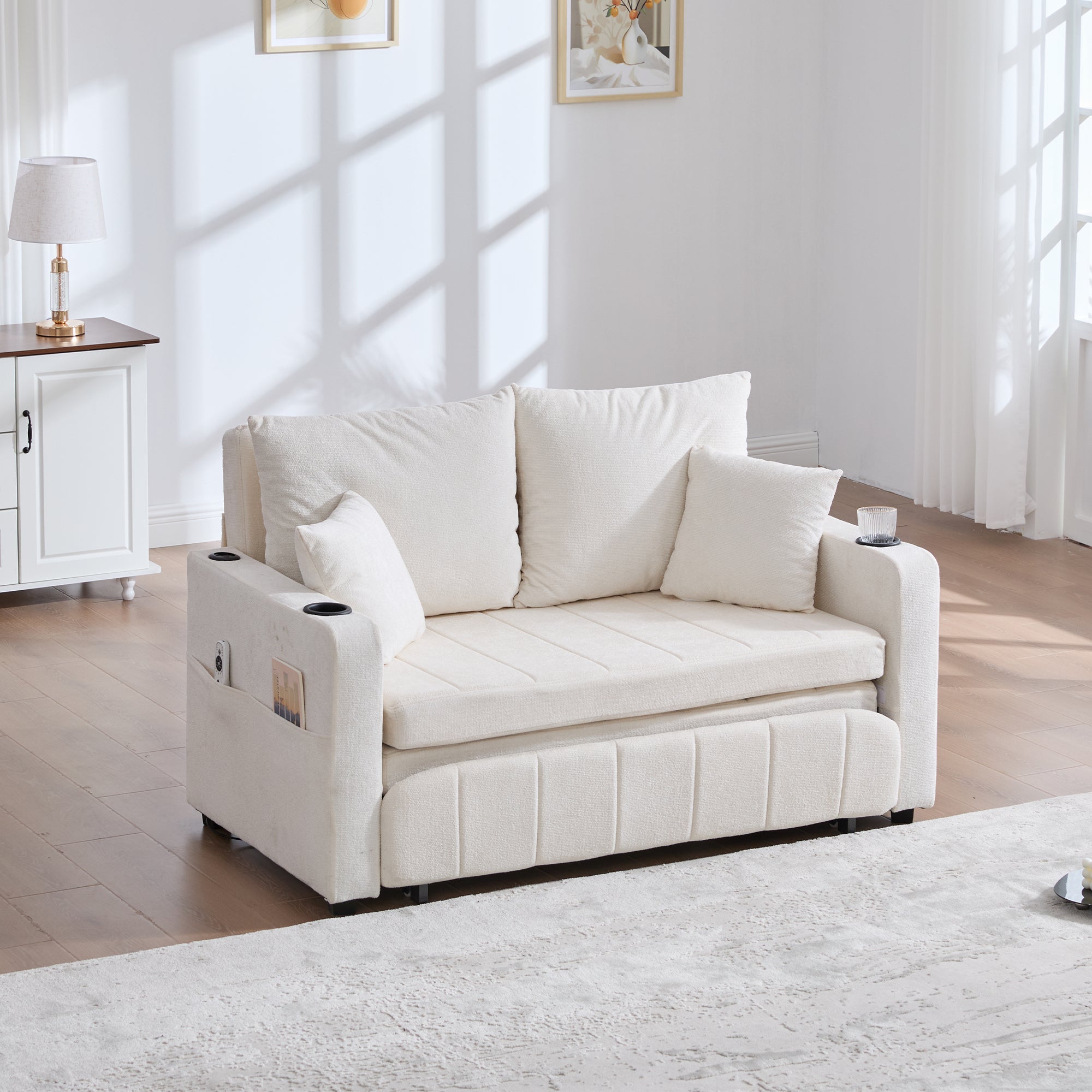 Sofa, Multifunctional Folding Pull-Out with USB & Cup Holder, Fabric