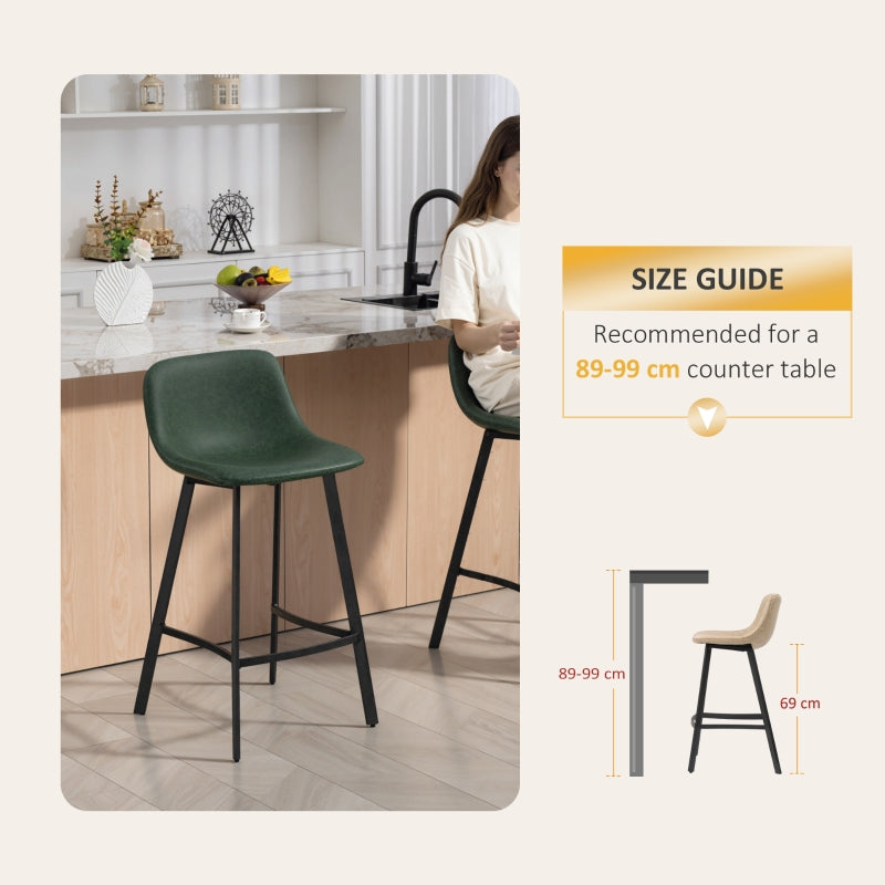 Bar Stools Set of 2 Dining Stools with Backrest, Footrest, for Kitchen Counter, Green PU Leather