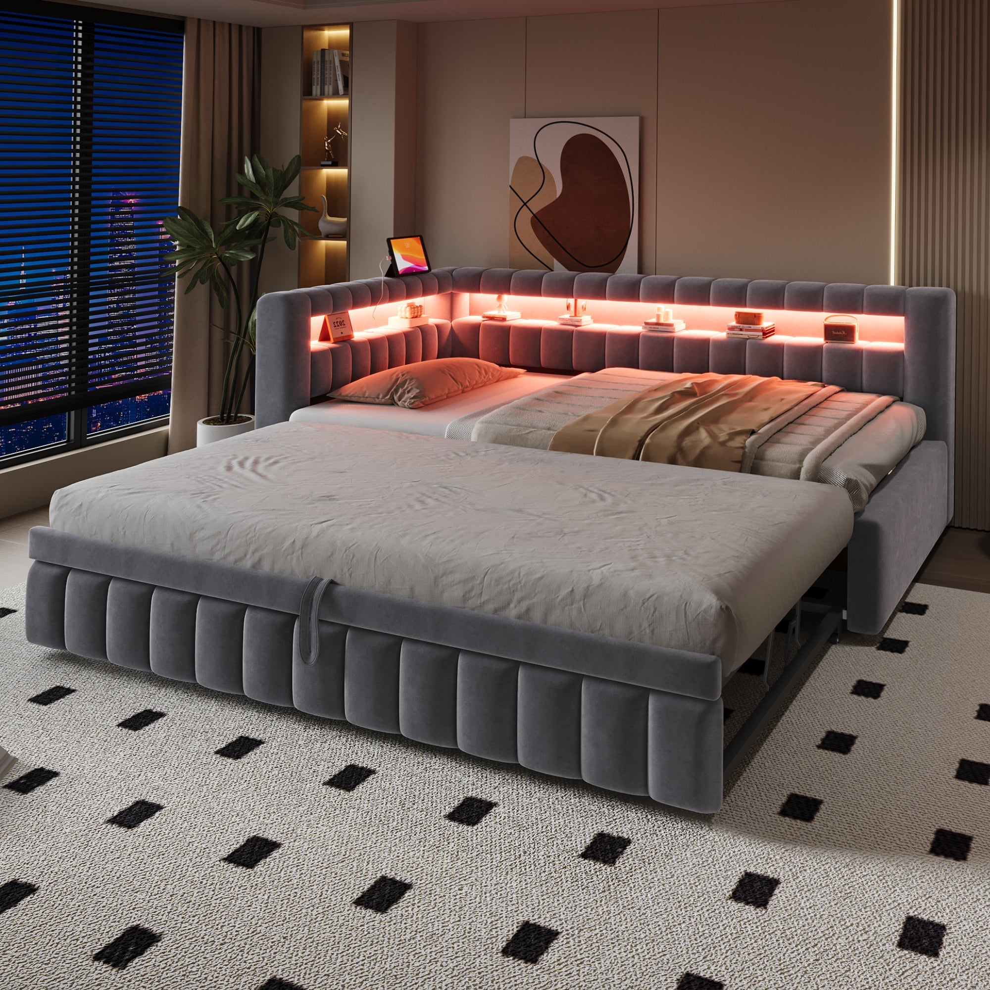Upholstered Sofa Bed with LED Lighting and USB Charging, 90x200cm, Dark Grey Velvet