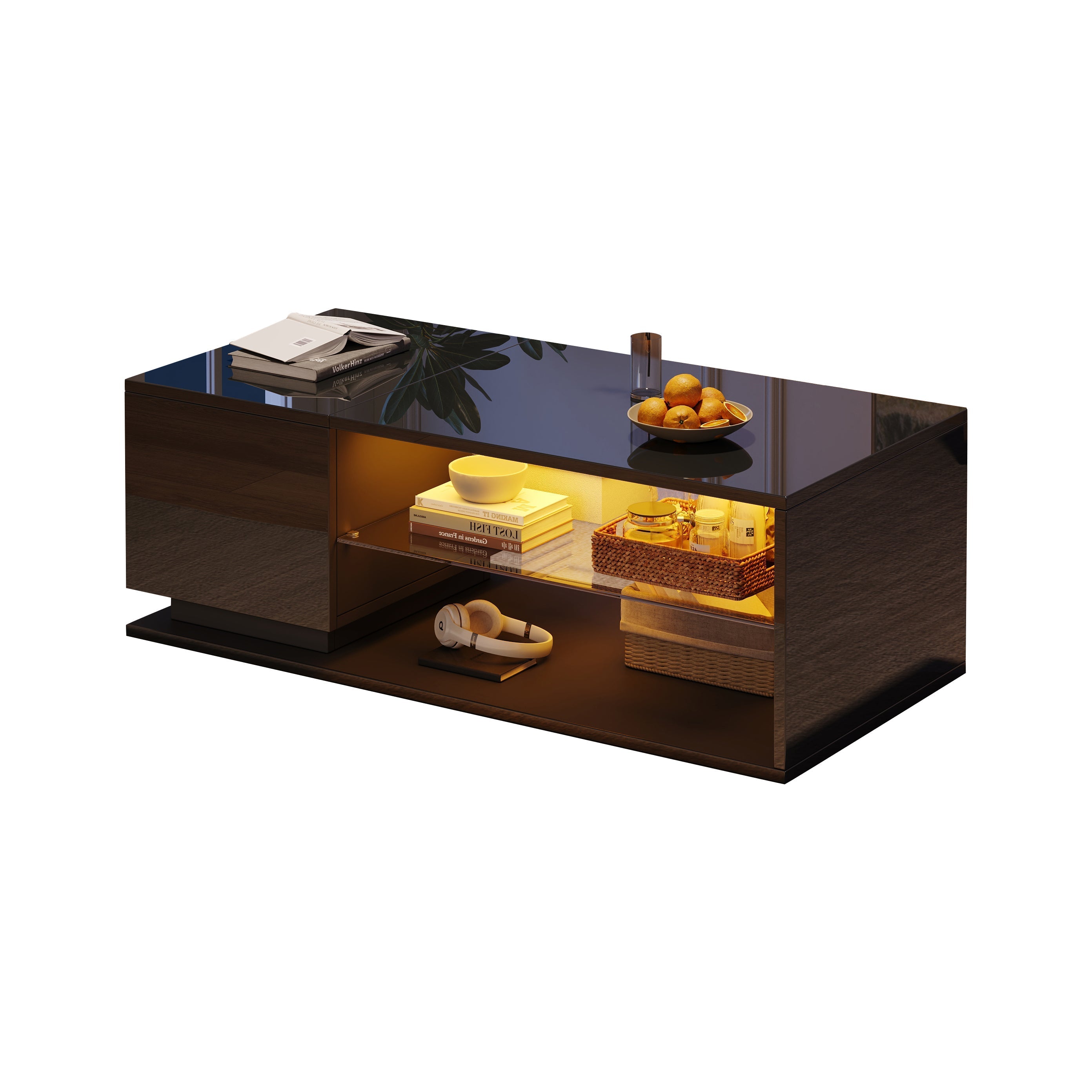 LED Coffee Table with High-Gloss Storage and APP LED Lights, Black High-Gloss