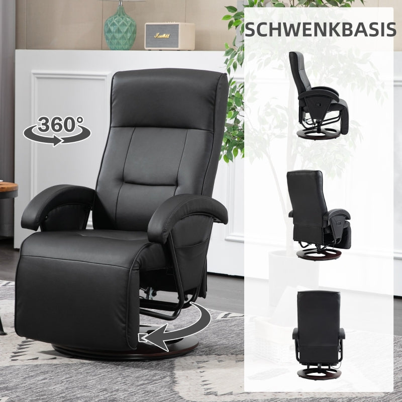 Swivel Chair, Upholstered Tilting Footrest Wooden Base, Faux Leather Black