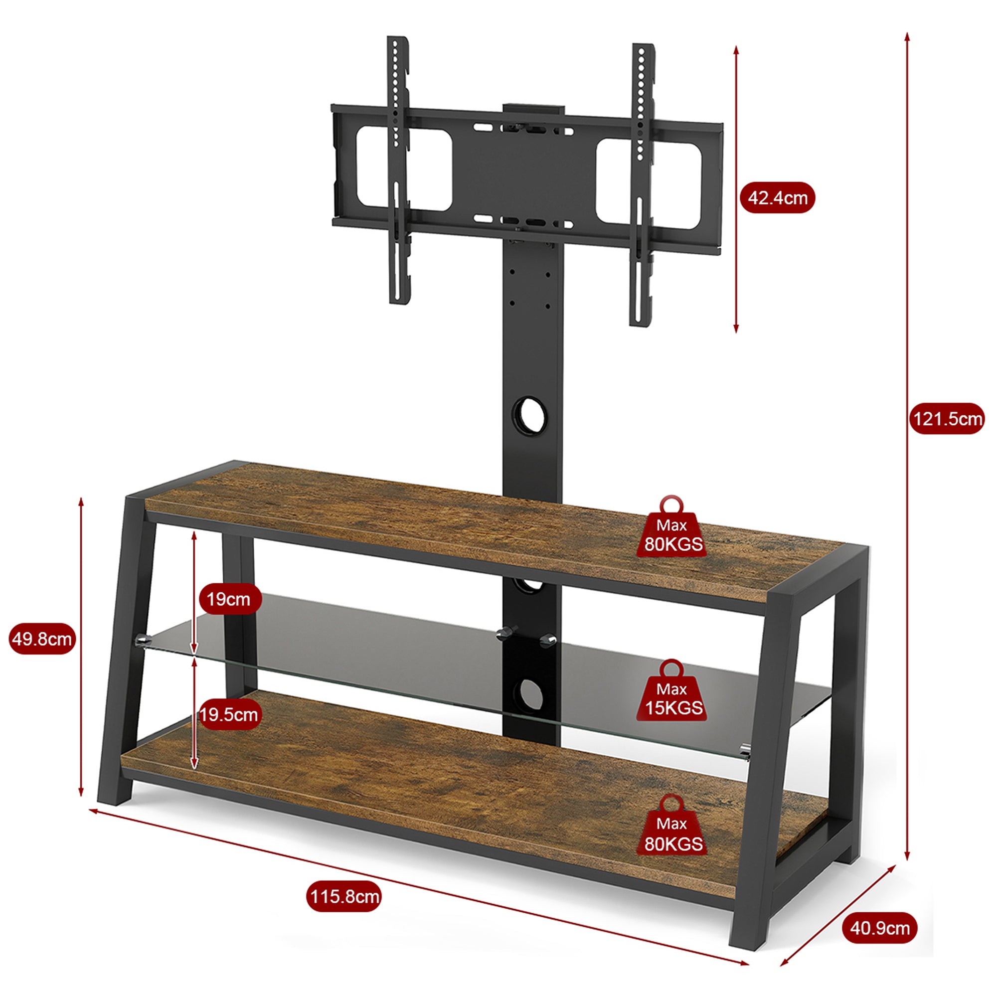 Wooden TV Cabinet Height-Adjustable Swivel Stand Wall Mount Black Tempered Glass Brown