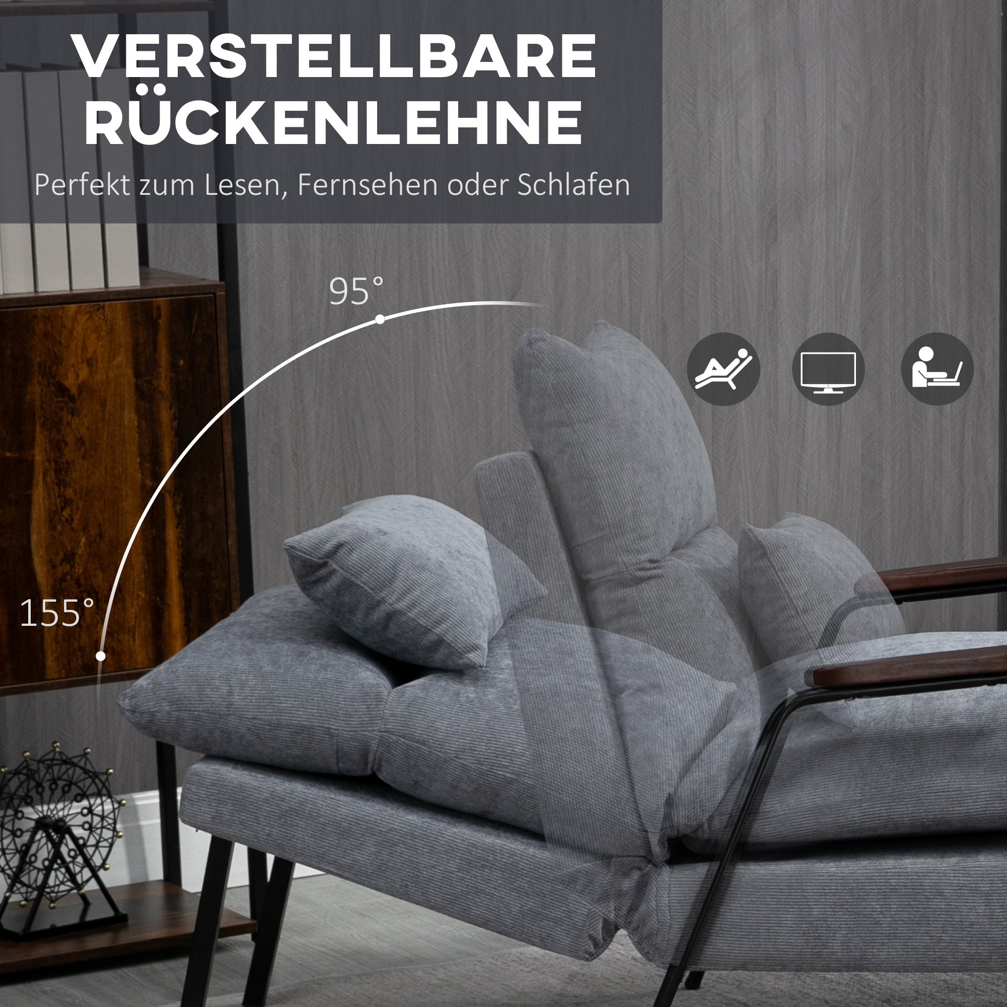 Reclining Armchair with Footstool, Adjustable Backrest Upholstered, Grey