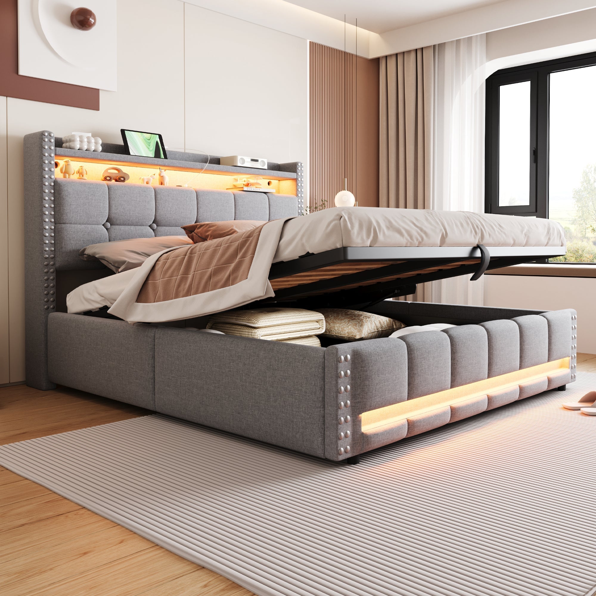 Upholstered Bed 160x200cm LED USB Hydraulic Storage Light Grey Linen Fabric