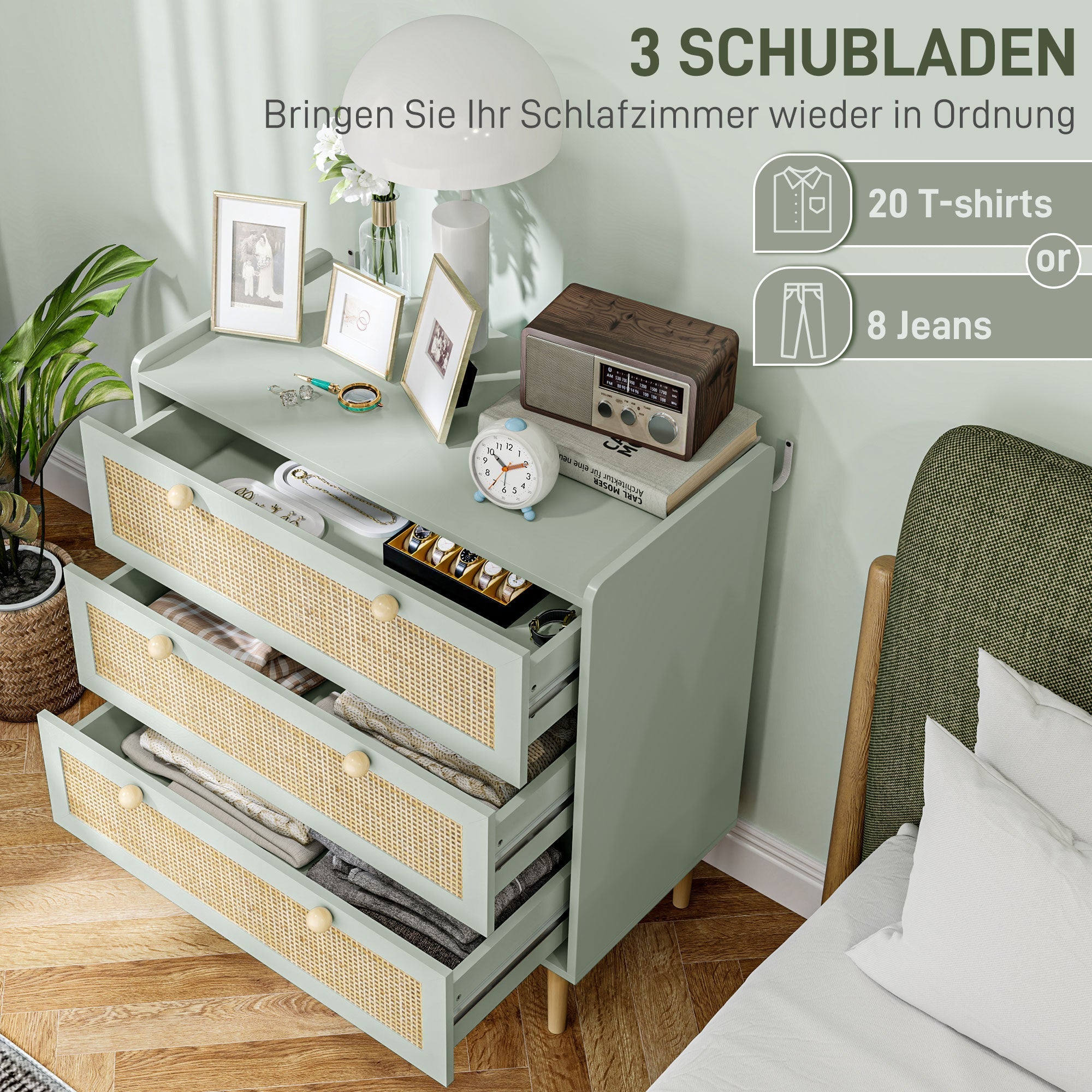 Chest of Drawers/Sideboard, 3 Drawers Boho Rattan Look, Light Blue