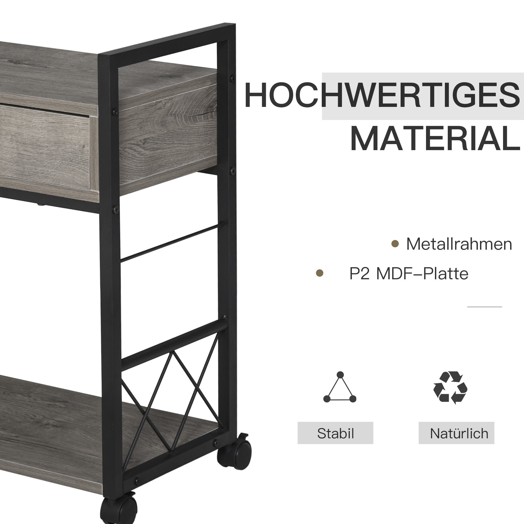 Side Table Serving Cart with Wheels, Drawer Storage, Grey