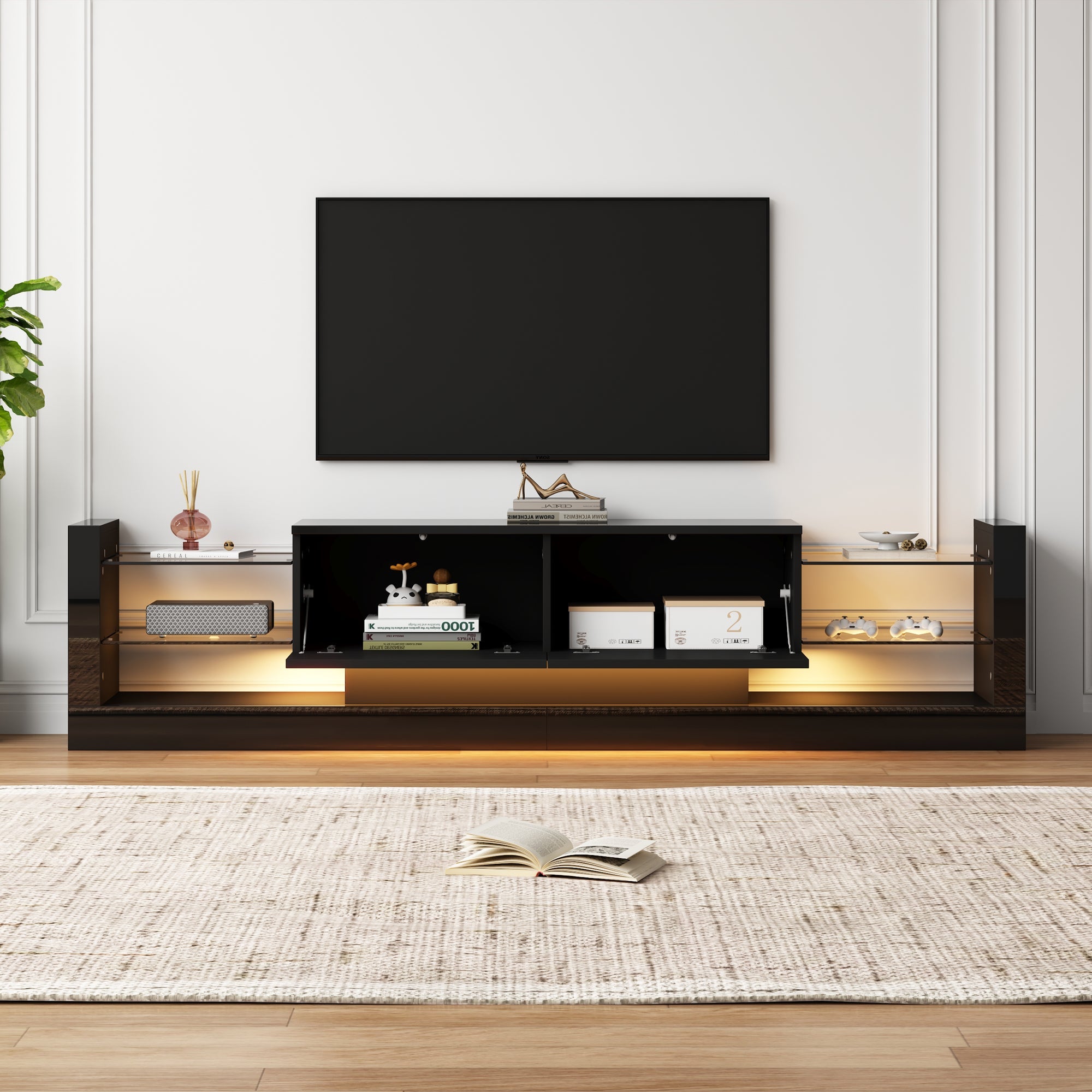 TV Cabinet, 181cm LED Lit, 80-inch Capacity, High-Gloss White