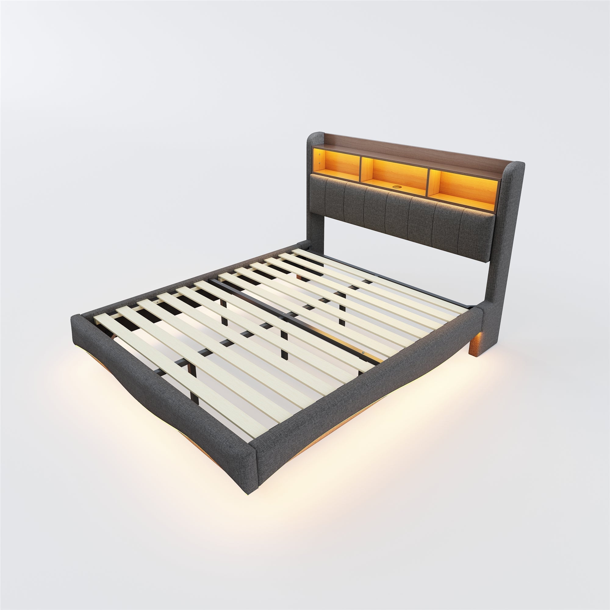 Upholstered Bed with LED Lighting, USB & Type-C Ports, and Headboard Storage, Grey