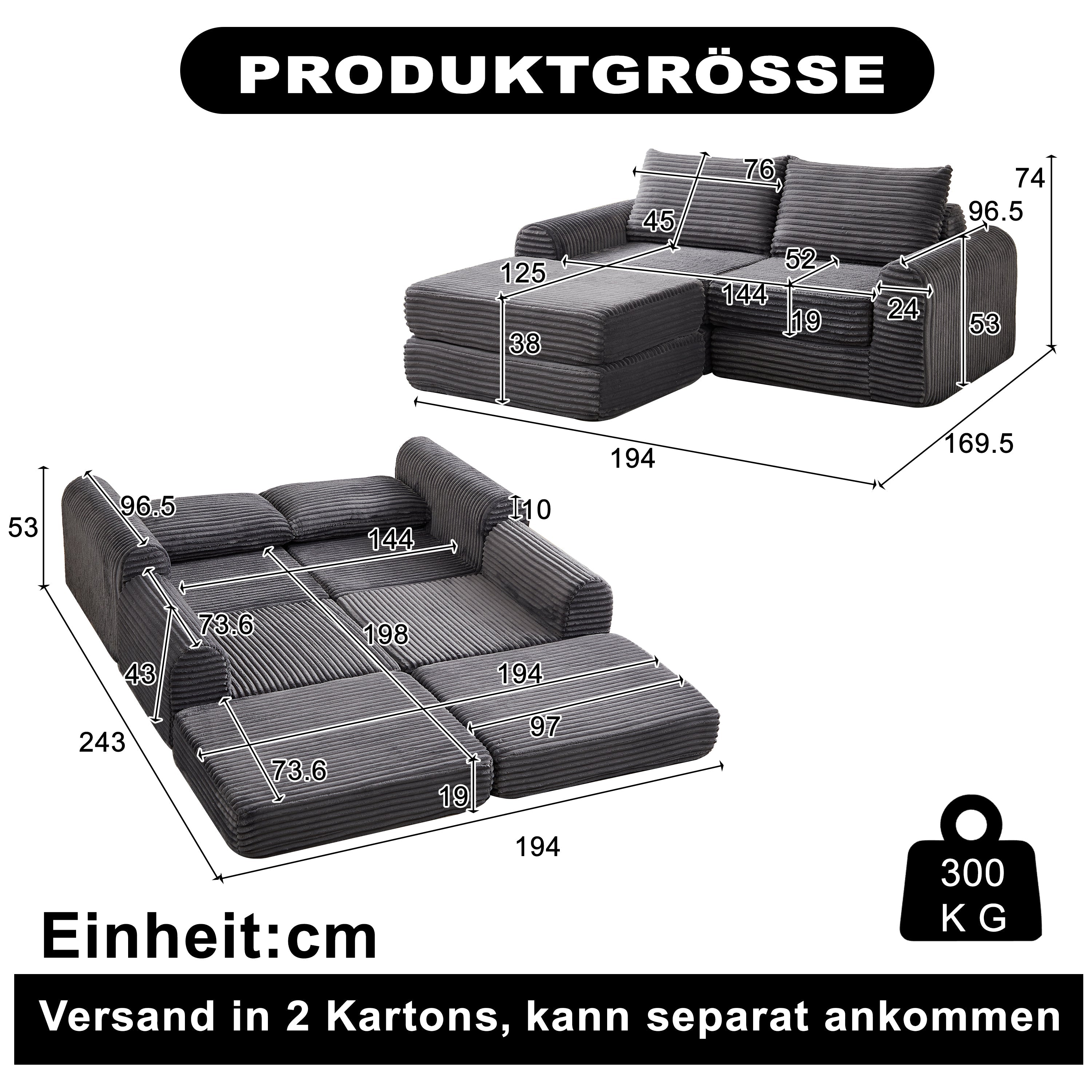 Corduroy 2-in-1 Sofa Bed with Two Pillows and Removable Footstool, Corduroy