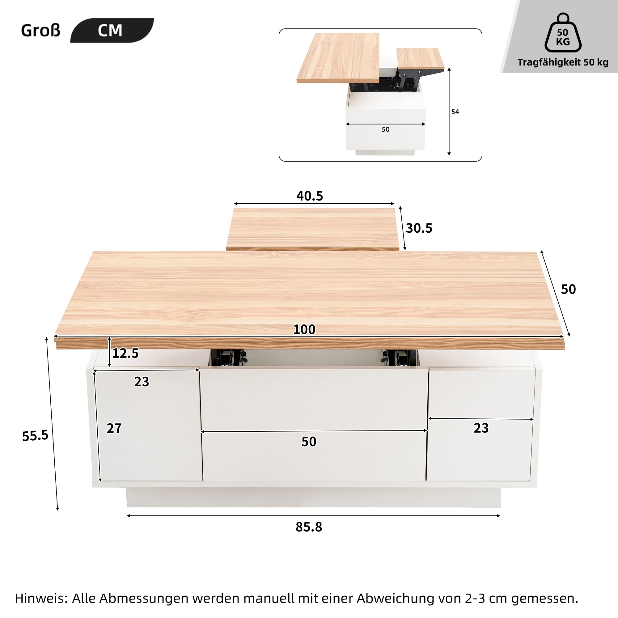 Coffee Table, Modern Double Lift Mechanism with Hidden Storage, 50kg Capacity