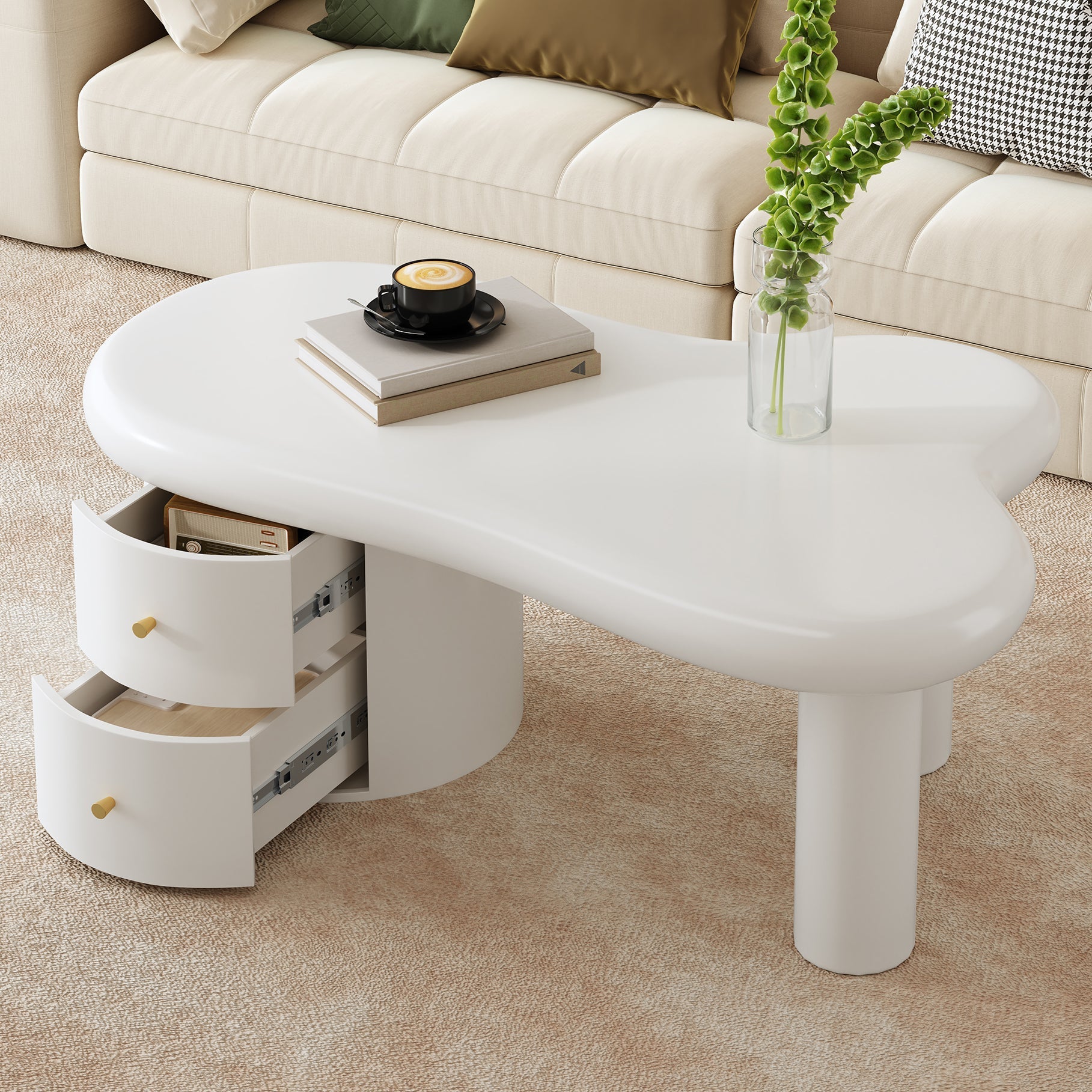 Coffee Table, Irregular Shape 2-Drawer Space-Saving Stylish Stable, White