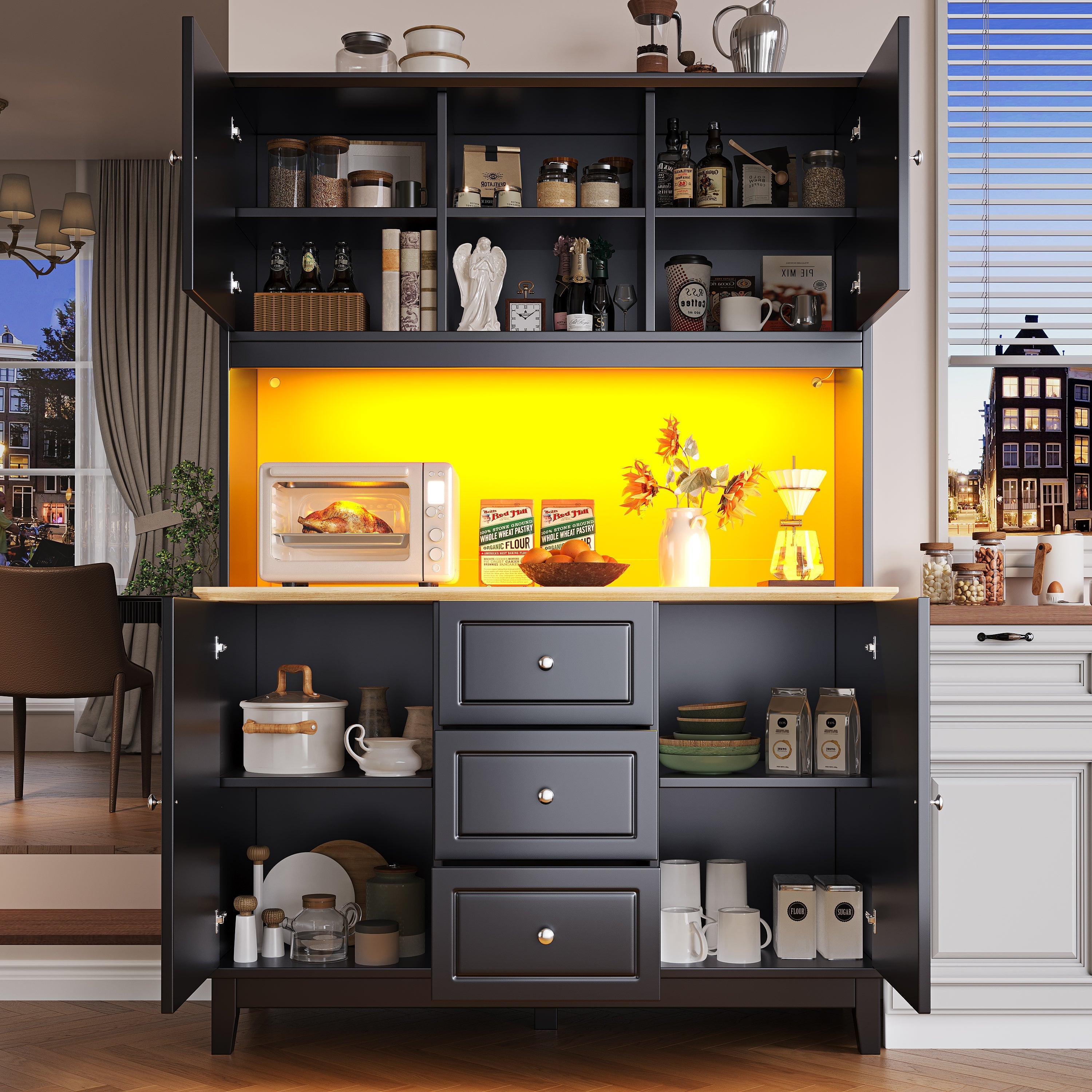 Snack Cabinet (120 x 40 x 180 cm) with LED Lighting, Black