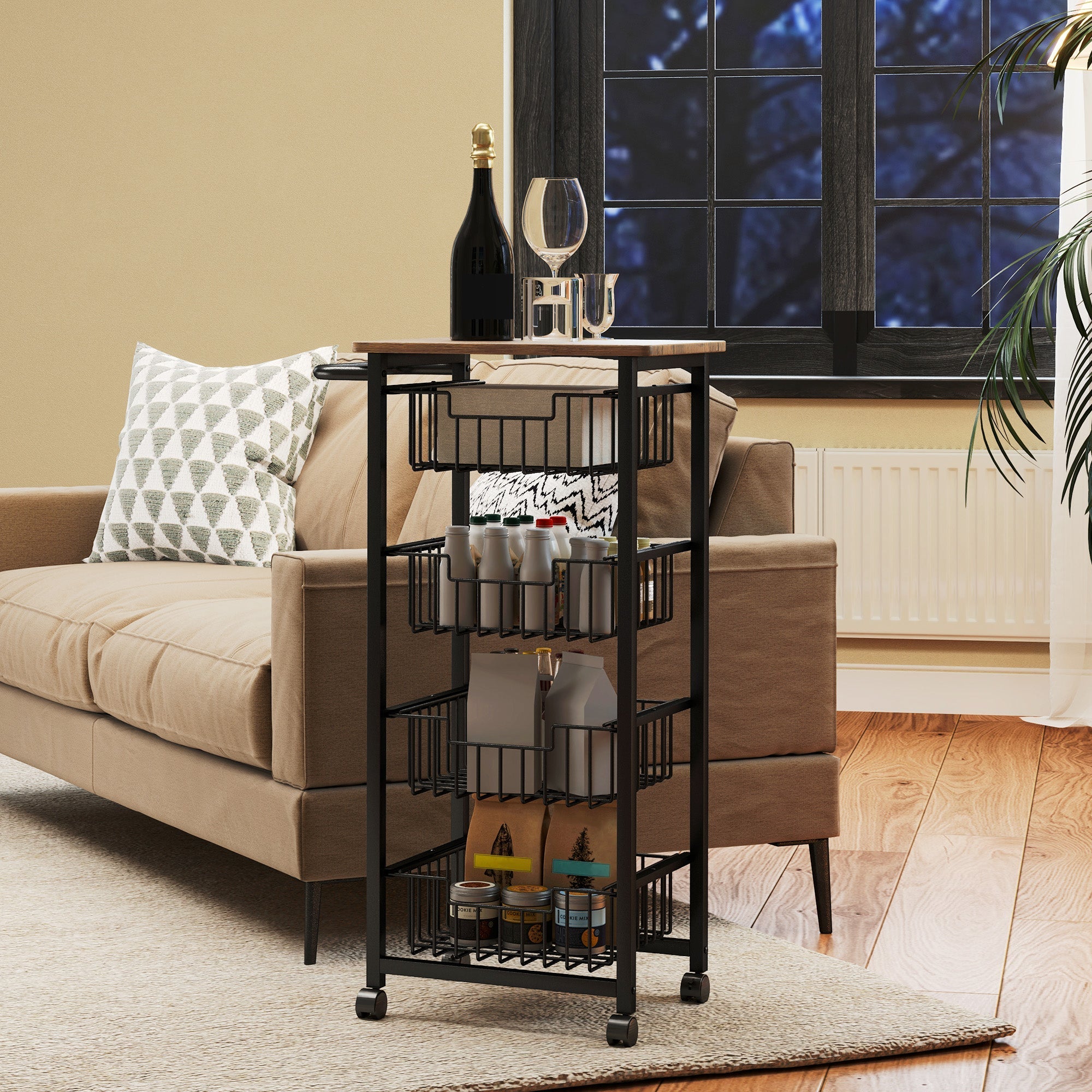 Kitchen Trolley Serving Cart with Worktop, 4 Extendable Baskets, Oak