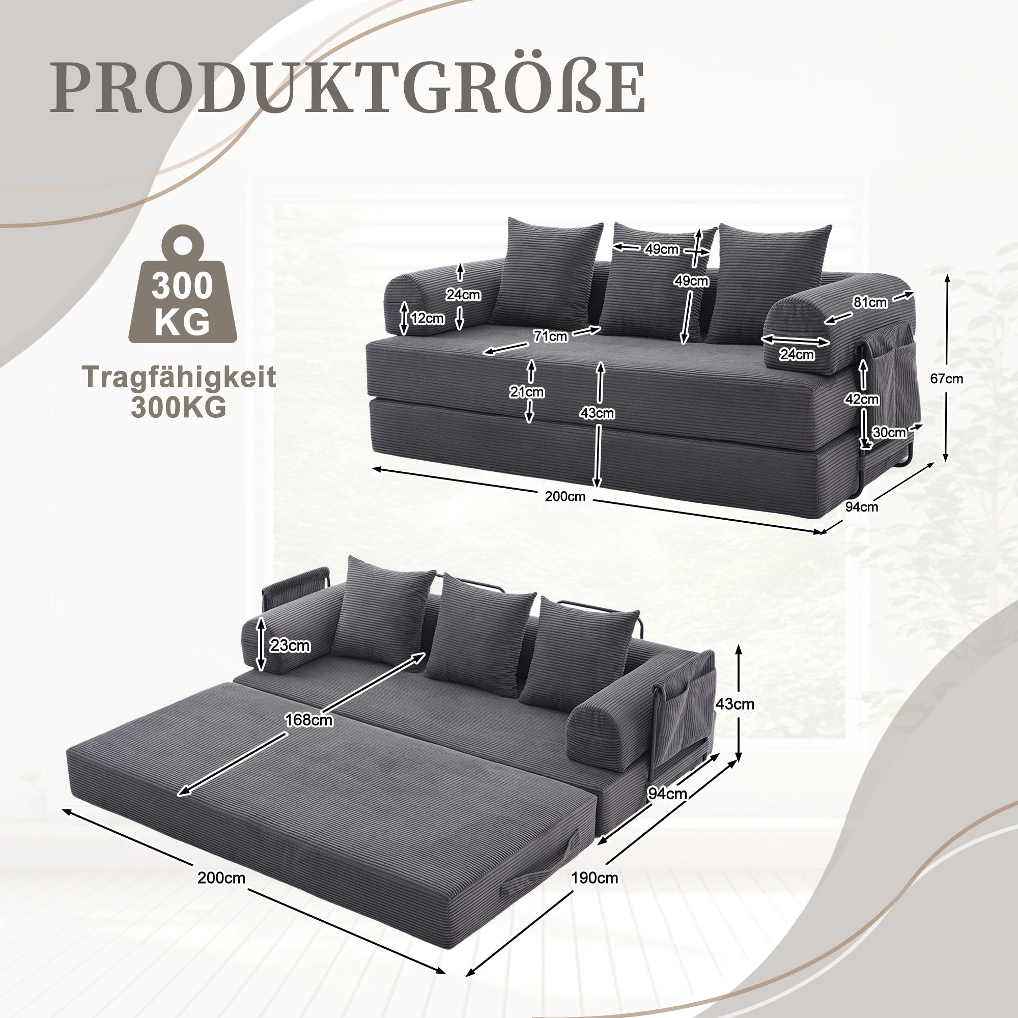 Sofa Foldable Metal Frame with 3 Cushions Side Pockets Dark Grey