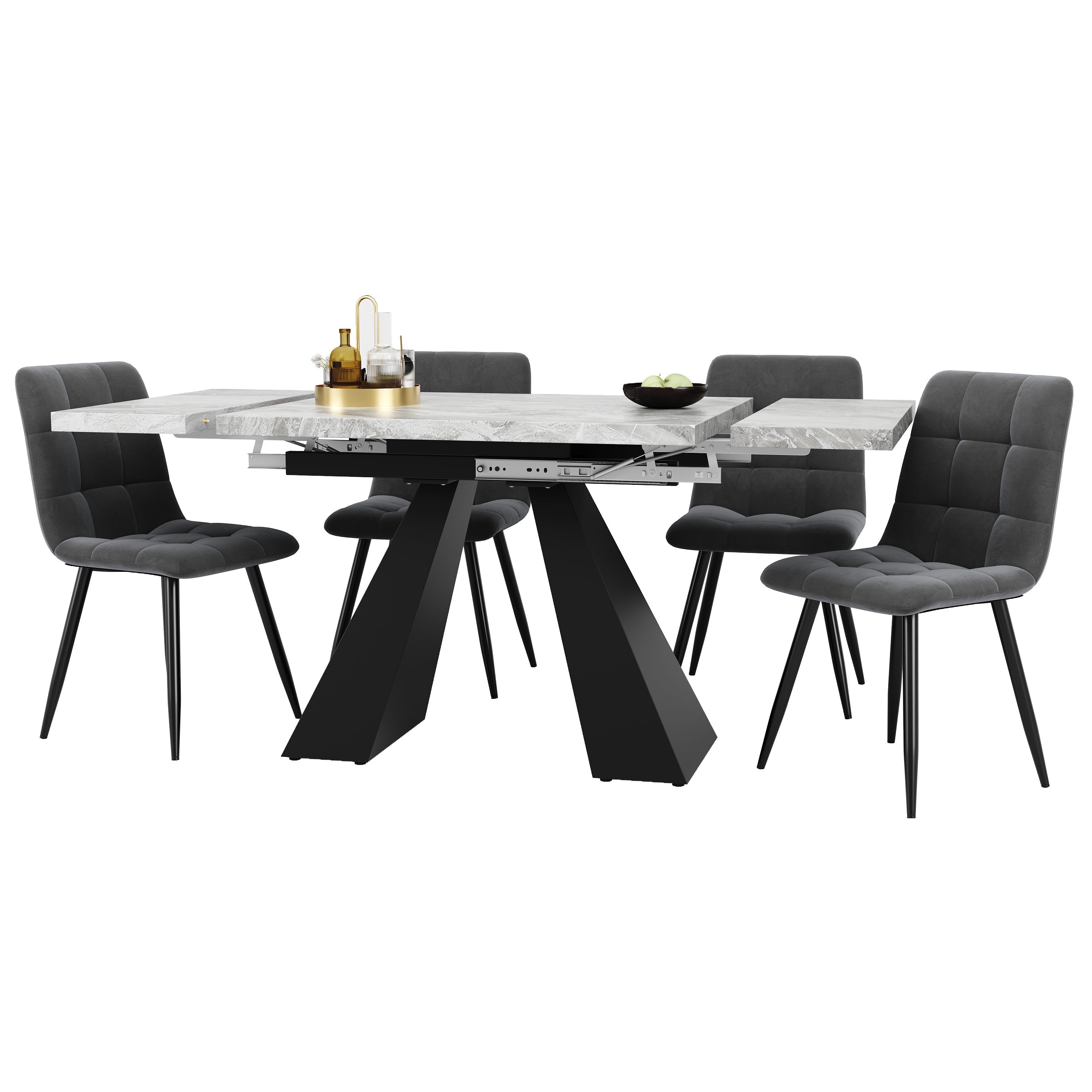 Dining Set 5-Piece Extendable 4-Seater Table Pedestal Legs + 4 Velvet Chairs - Grey