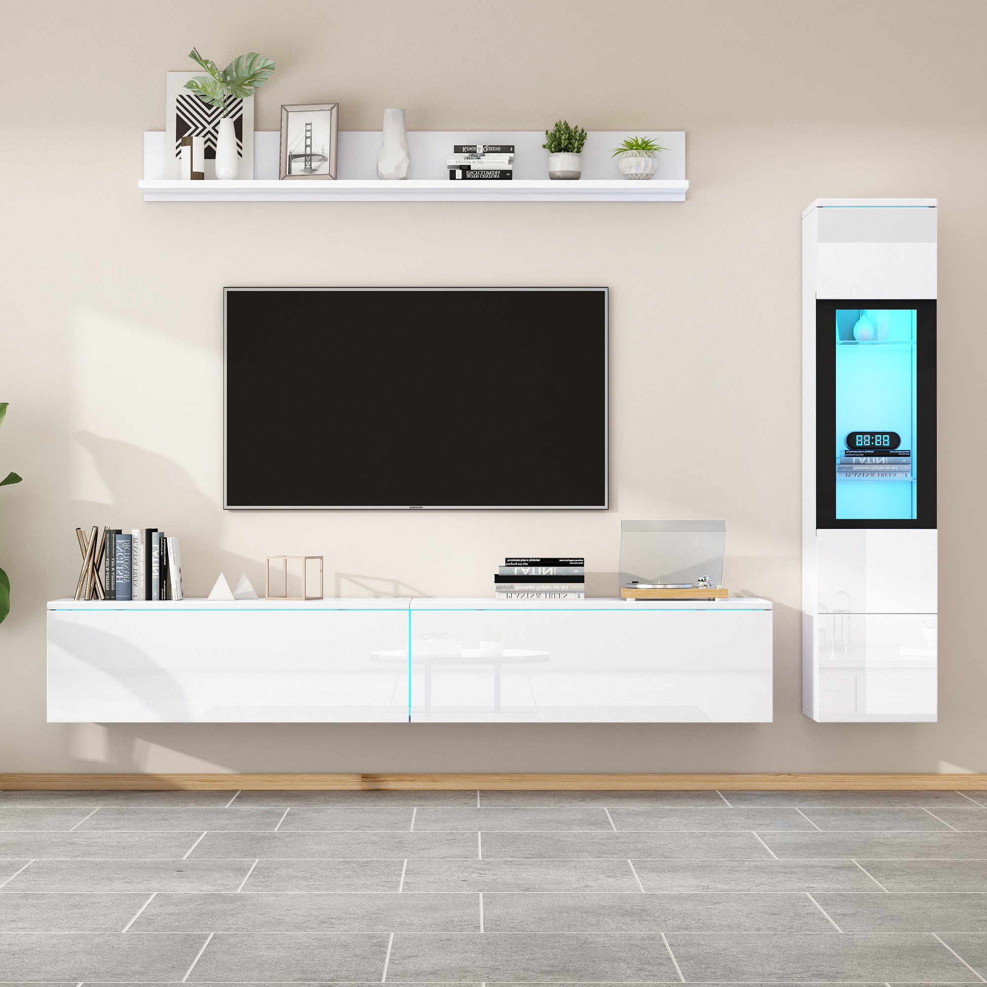 TV Wall Unit Set, 3-Piece LED Lighting, High Gloss White