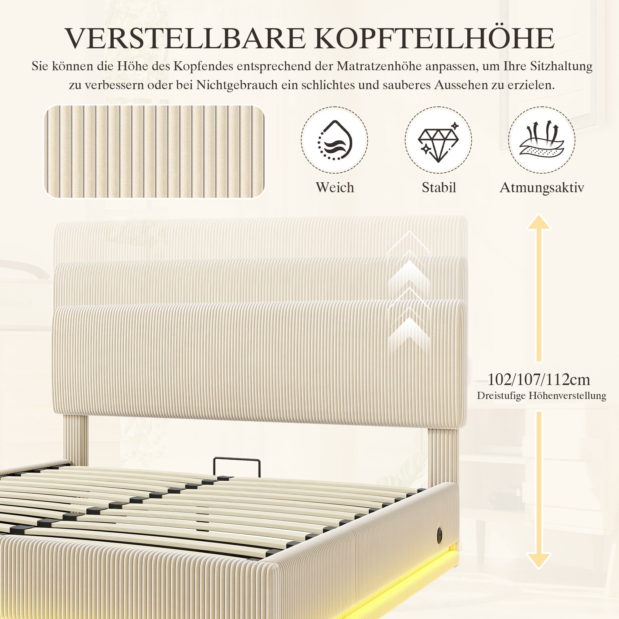 Modern Upholstered Bed with LED Lighting, USB-C and Storage, Corduroy Beige