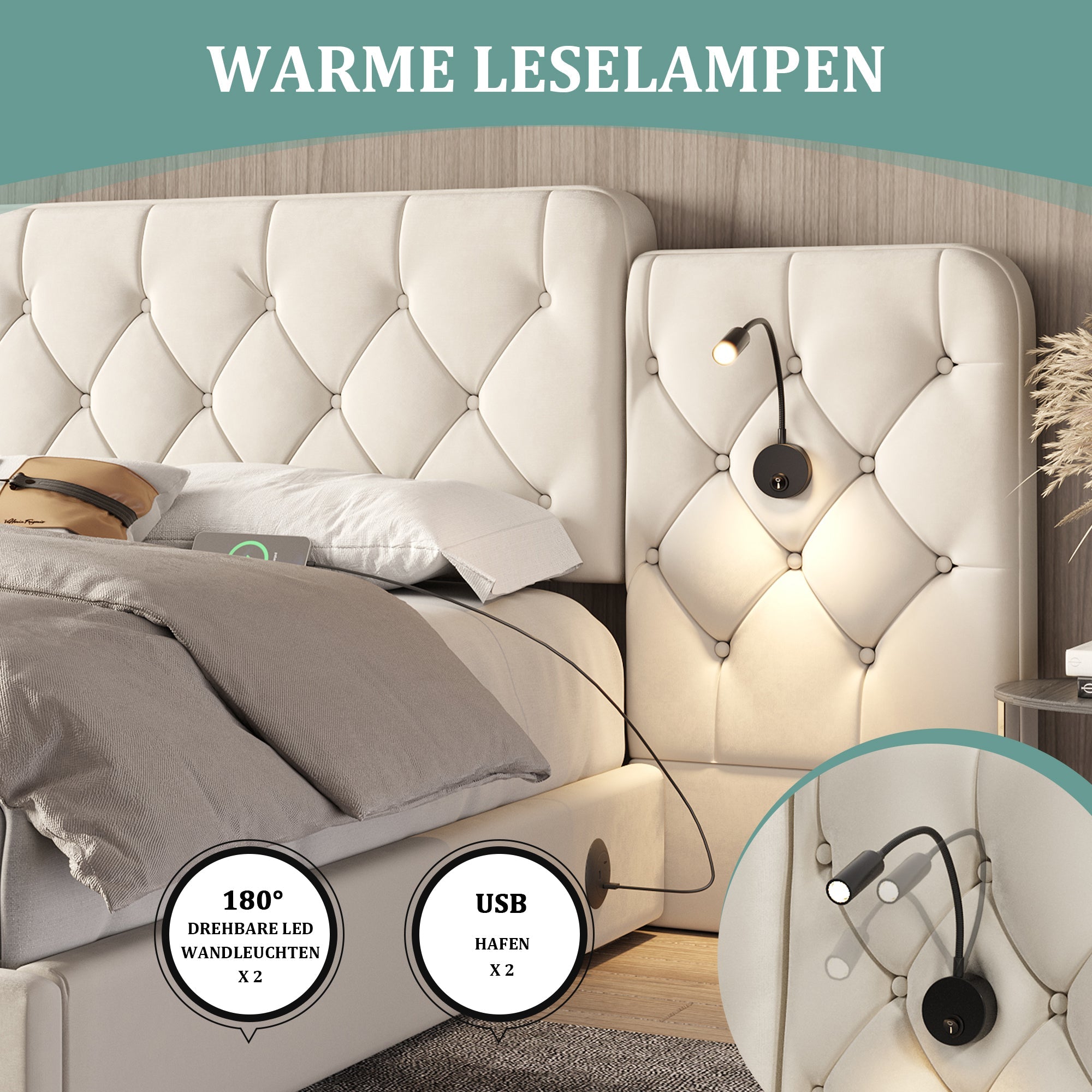 Bed Frame with Long Headboard, Hydraulic Storage USB Velvet, Beige
