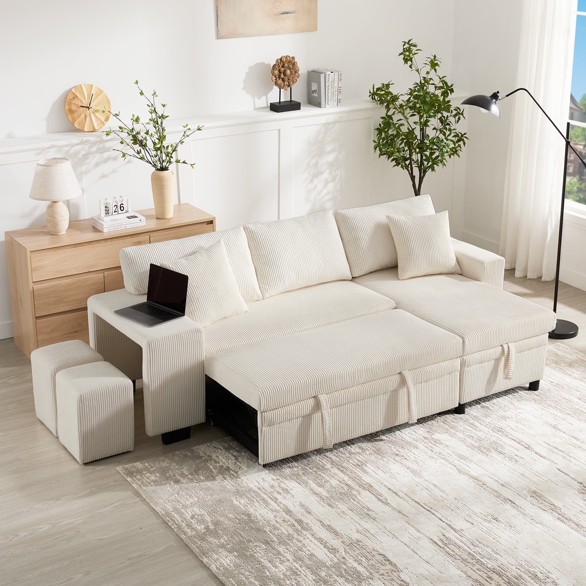 Sofa Bed L-Shaped Convertible 3-Seater with USB, Storage, and Shelves