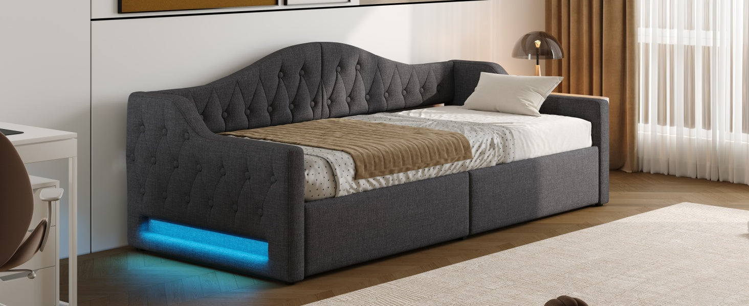 Daybed Upholstered 90x200 LED Storage - Grey