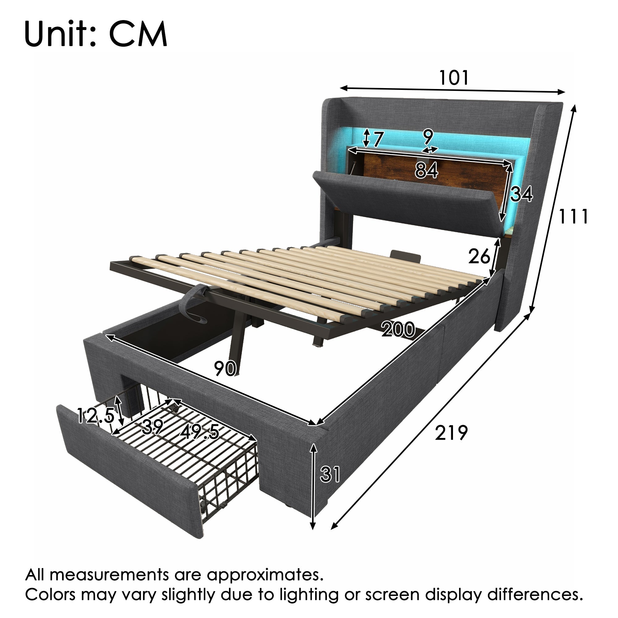 Upholstered Bed 90x200cm Hydraulic Storage Headboard with USB/Type-C & LED Grey Linen