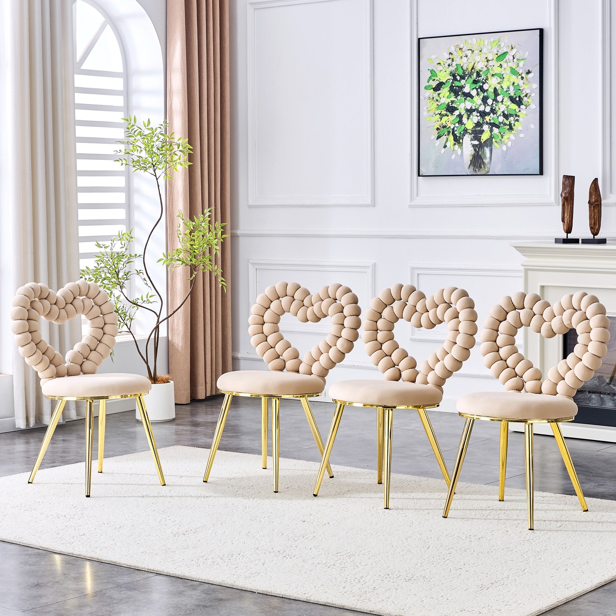 Dining Chairs (Set of 2) Heart Cutout Backrest Gold Metal Legs - Light Beige Velvet