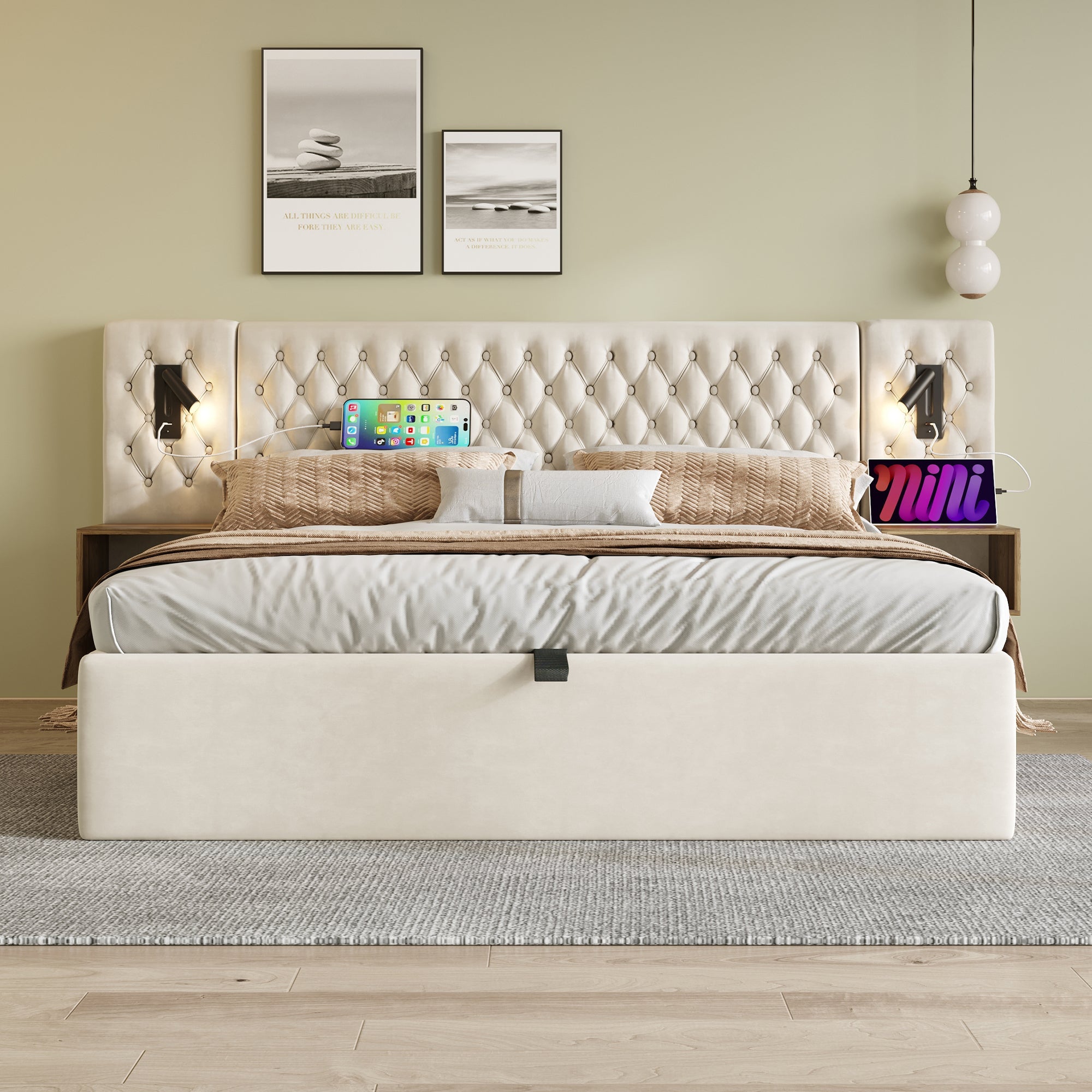 Bedroom Complete Set, Upholstered Hydraulic Storage Bed 160×200 cm, 2 Bedside Tables, Headboard Reading Light with USB Charging, Beige Velvet