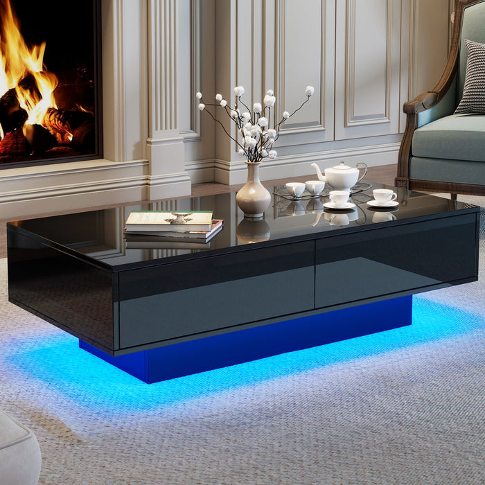 Modern Coffee Table, 115x55x34cm with 2 Drawers, LED Lighting, Black High-Gloss