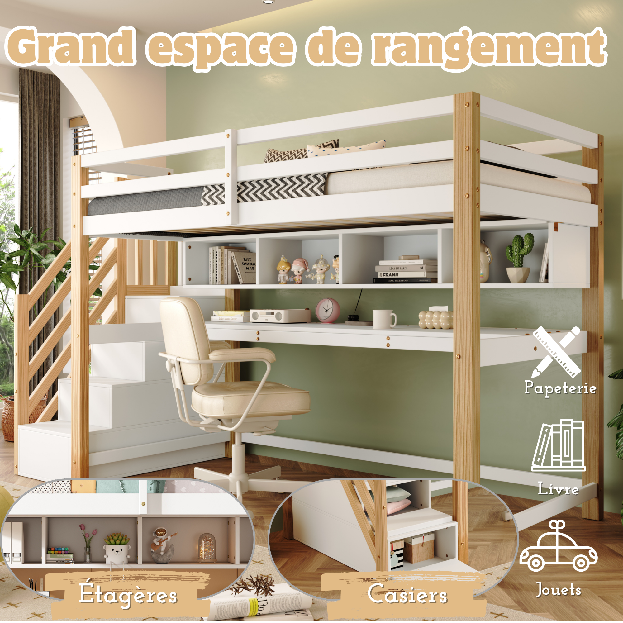 Children's Loft Bed with Large Desk and Shelves, Natural and White