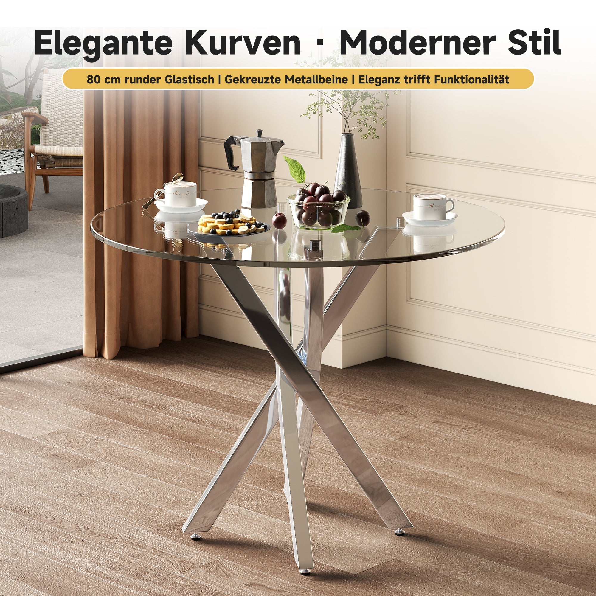 Dining Table Set, 80x80cm Tempered Glass Top, Modern 3-Piece, Grey Chairs/Silver Legs