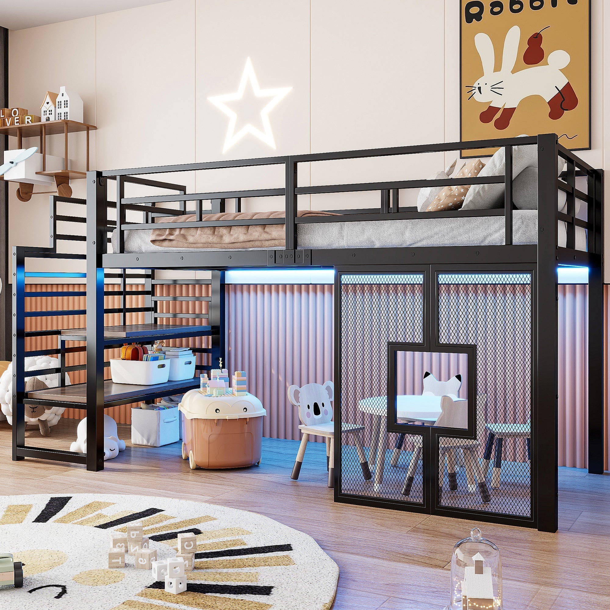 Metal Loft Bed with Stairs, Storage, LED Lighting and Windows, 90x200 cm, Black