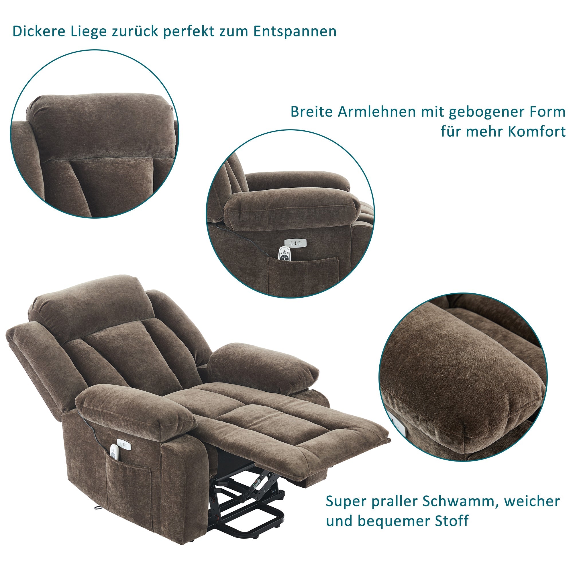 Electric Massage Chair Recliner with 8-Point Massage, Heating and Lifting Function, Brown Fabric