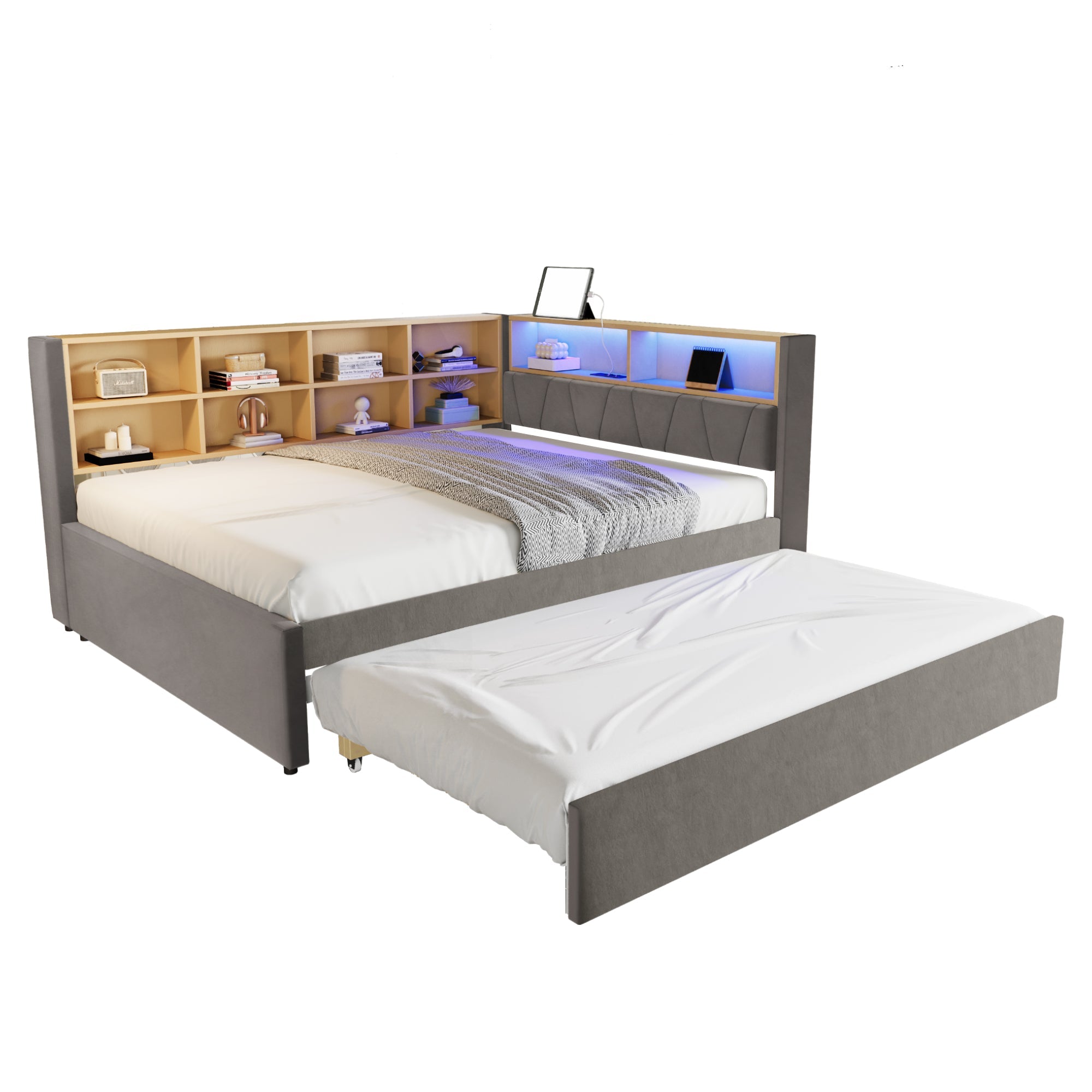 Sofa Bed 140x200 Pull-out LED Storage, Flannel Dark Gray