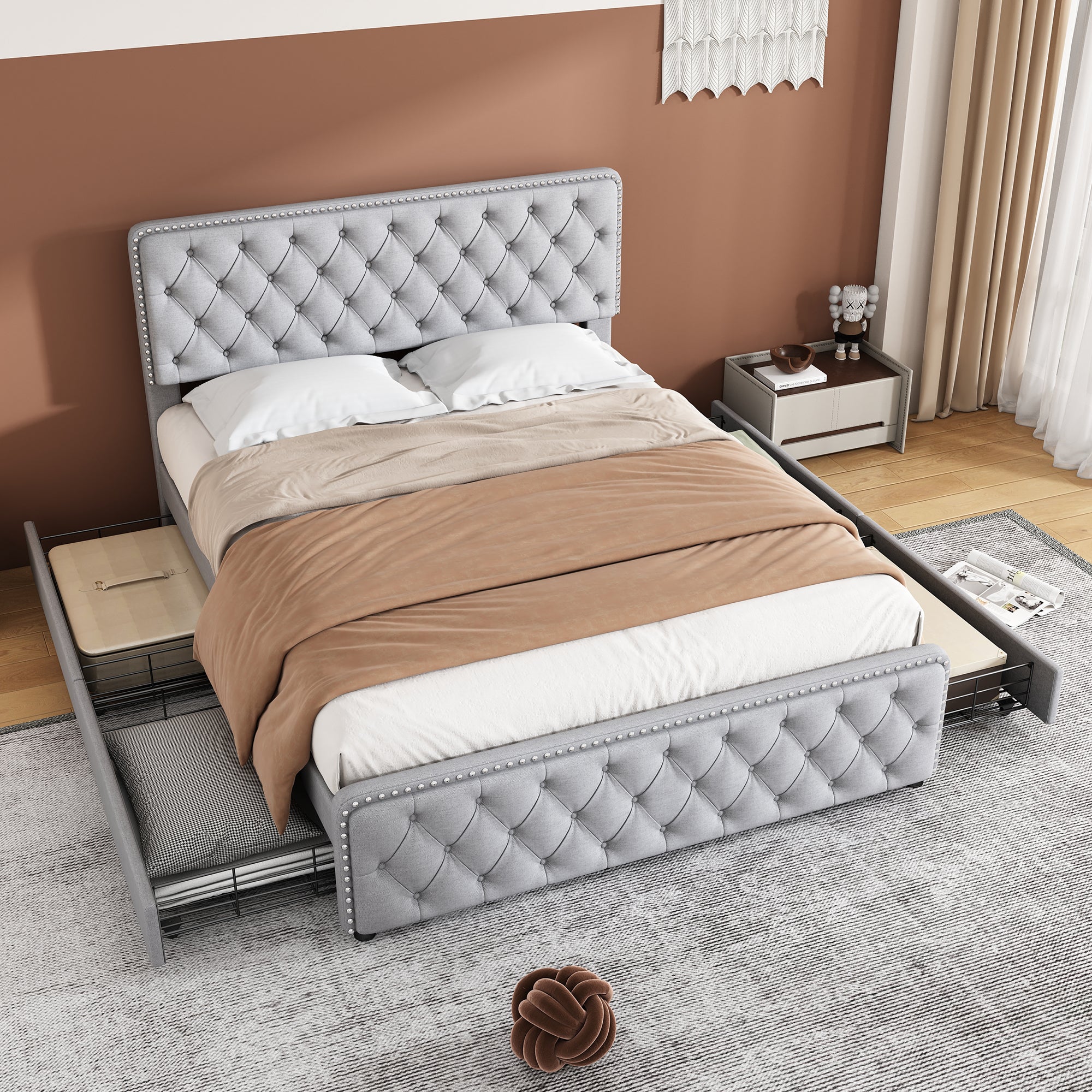 Upholstered Double Bed with 4 Drawers and Height-Adjustable Headboard, 140x190cm, Light Grey Linen
