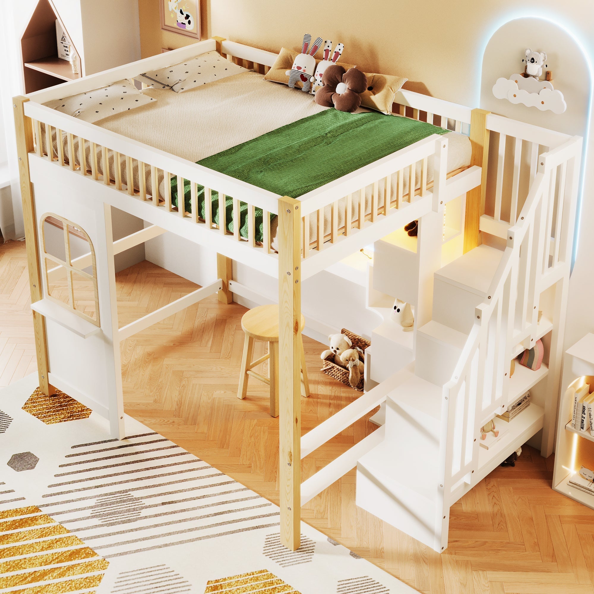 Loft Bed 140x200cm with LED Lights, Desk, and Storage Ladder, White + Natural